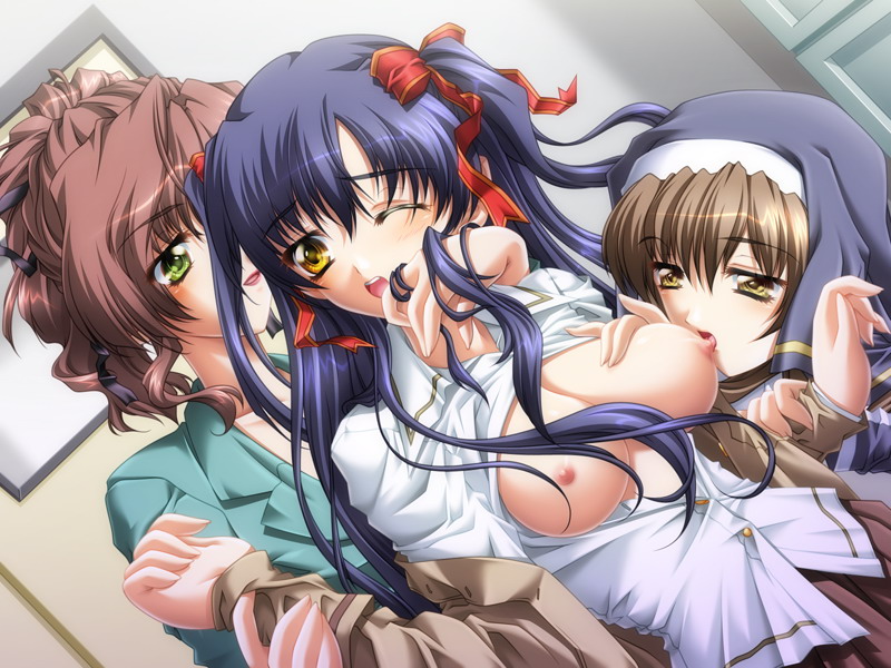 3girls blue_hair breast_sucking breasts brown_hair female game_cg green_eyes haikyou_gakuen hair_ribbon lipstick long_hair makeup multiple_girls nipples no_bra nun open_clothes open_mouth open_shirt ribbon school_uniform serafuku shirt teeta_j wink yellow_eyes yuri