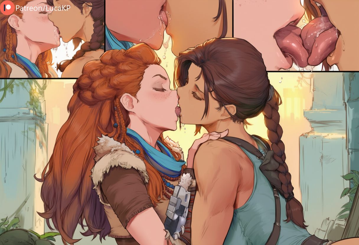 2girls, ai generated, aloy, brown hair, closed eyes, clothed, crossover, deep kissing, female, ginger, ginger female, ginger hair, horizon zero dawn, kissing, lara croft, lucakp, patreon, patreon link, patreon logo, patreon reward, patreon url, patreon username, ruins, tagme, tomb raider, tongue, tongue kiss, yuri