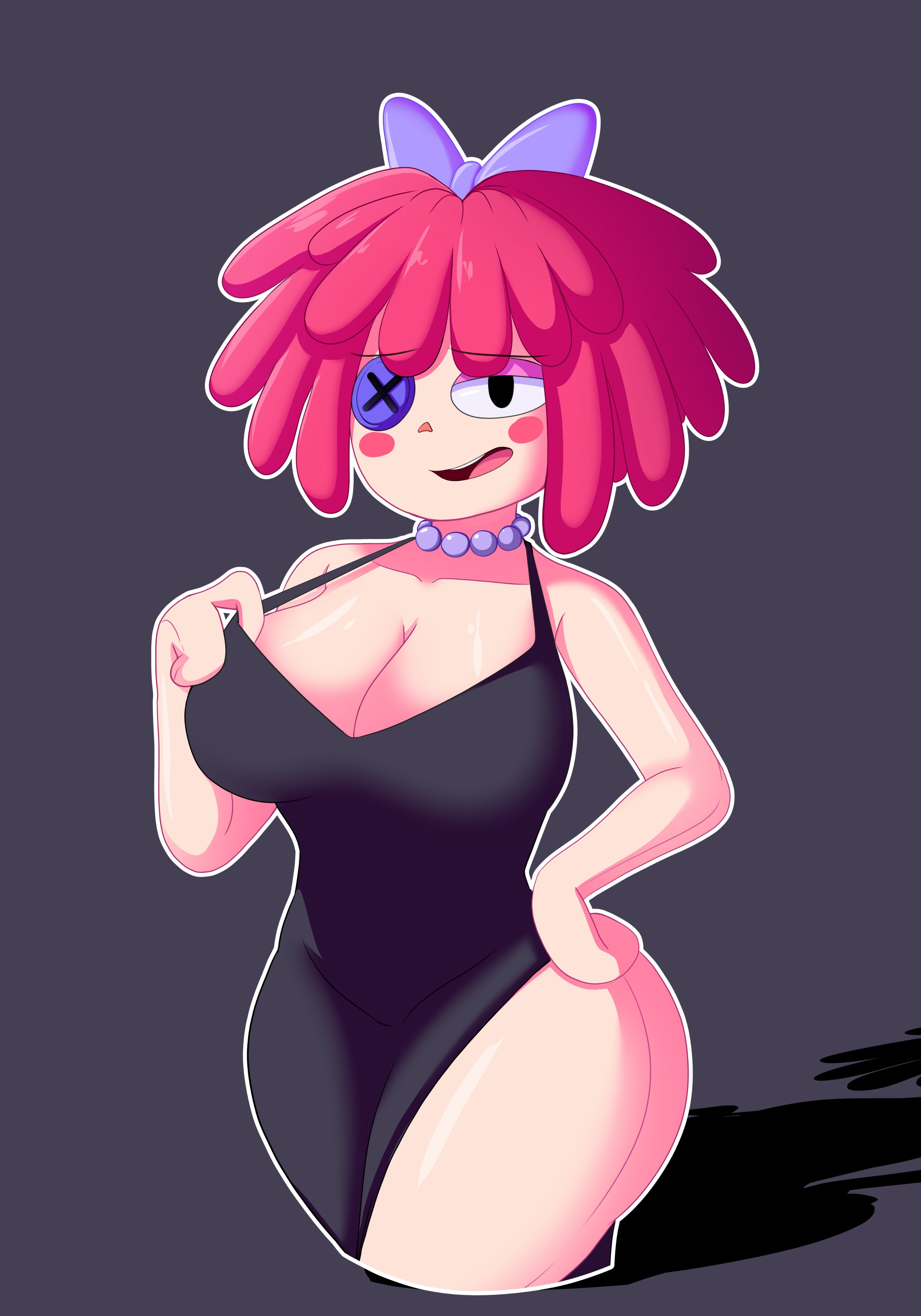 1girls, big breasts, black dress, black eyes, breasts, breasts out, button, button eye, curvy, cute, doll, doll girl, dress, female, glitch productions, hairbow, hand on hip, klanayo, looking at viewer, necklace, open mouth, ragatha (pub outfit), ragatha (the amazing digital circus), red hair, short hair, smile, tagme, the amazing digital circus, thick thighs