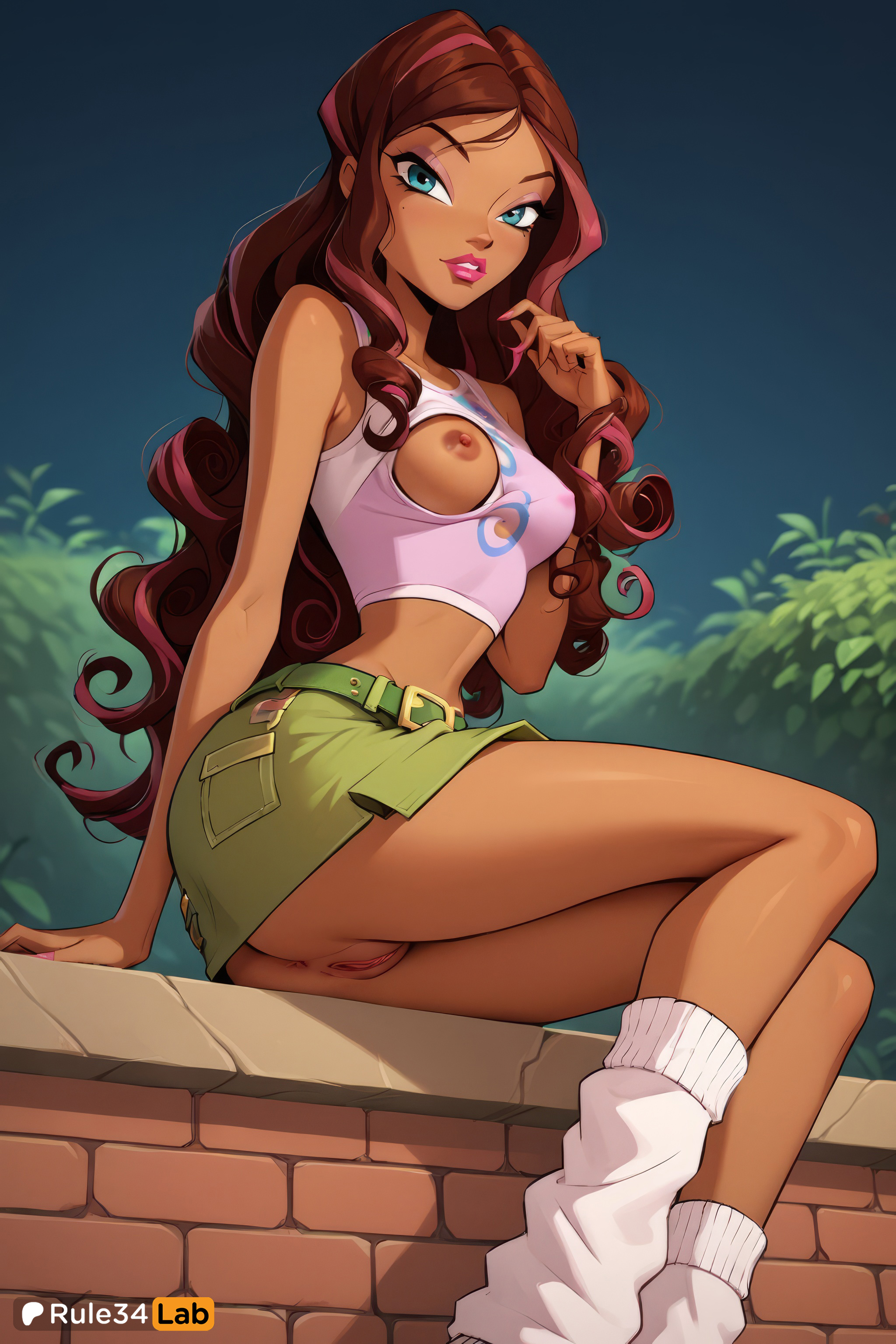 1girls, 4kids entertainment, ai generated, aisha, aisha (winx club), anus, arm support, artist name, ass, bare shoulders, belt, blue eyes, breasts, brown hair, crop top, dark skin, dark-skinned female, female, female only, green skirt, hi res, layla, layla (winx club), lips, long hair, looking at viewer, loose socks, makeup, medium breasts, midriff, miniskirt, multicolored hair, nail polish, nickelodeon, night, nipples, no panties, outdoors, parted lips, pink hair, pink nails, pussy, rainbow (animation studio), rule34lab, shirt, sitting, skirt, socks, solo, streaked hair, tank top, two-tone hair, uncensored, wavy hair, white socks, winx club