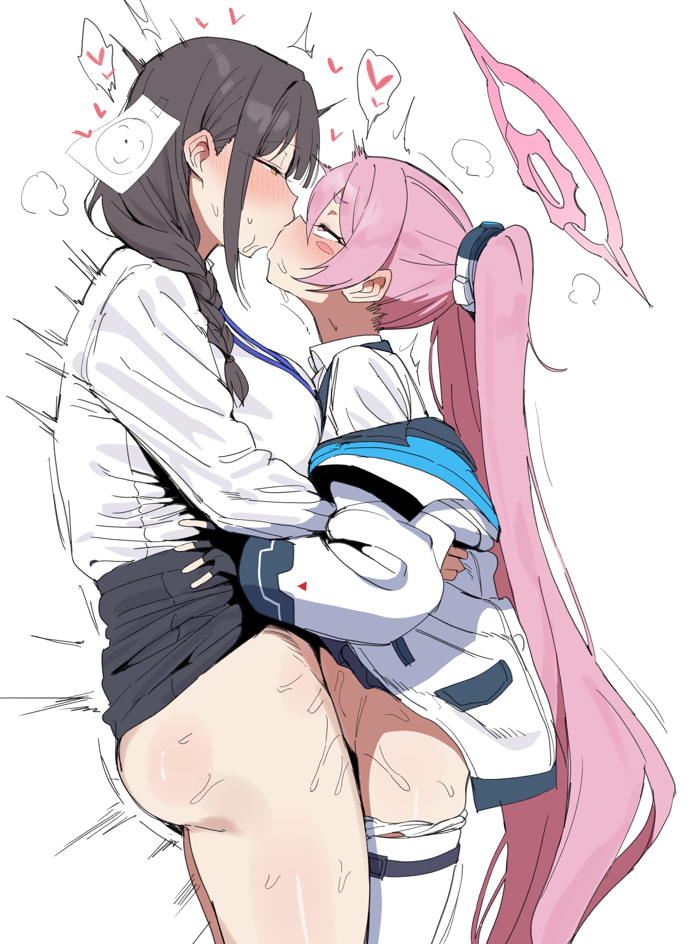 1futa, 1girls, 2d, 2d (artwork), 2d artwork, absurdres, ass, ass out, bare ass, bare legs, bare thighs, big breasts, blue archive, blush, bodily fluids, breast size difference, breasts, butt, butt out, female, female sensei (blue archive), futa on female, futa with female, futanari, genital fluids, hair ornament, height difference, hi res, highres, implied futa, implied penetration, implied sex, intersex, kissing, kissing while penetrated, koyuki (blue archive), light skin, light-skinned female, light-skinned futa, mostly clothed, orgasm face, penetration, pleasure face, simple background, size difference, standing, standing missionary, standing sex, steam, steaming body, sweat, sweating, tagme, tagme (character), thick thighs, thighs, twitching, white background, xipa