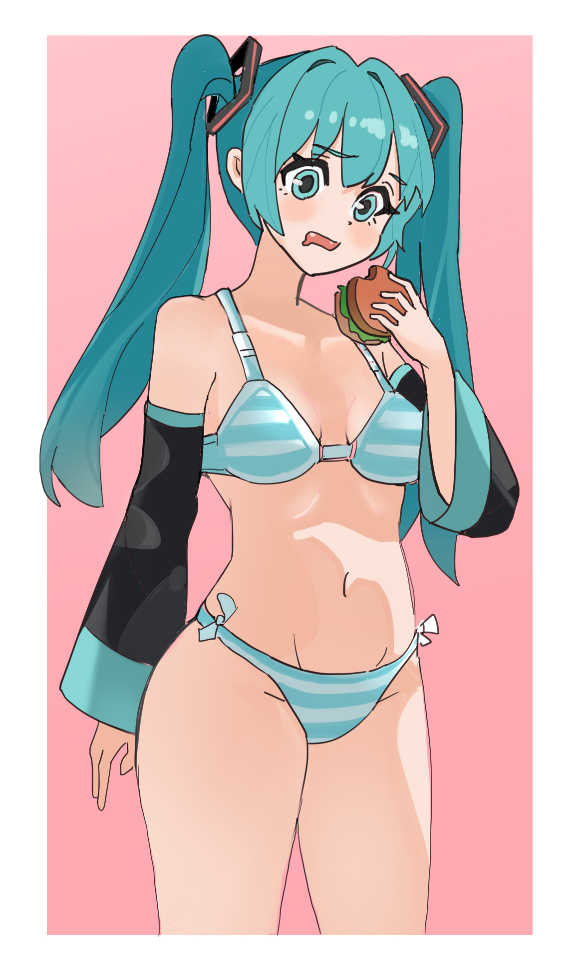 1girl, 1girls, 2025, aqua bra, aqua eyes, aqua hair, aqua panties, blush, bra, breasts, burger, cowboy shot, detached sleeves, drooling, female, food, hair ornament, hatsune miku, hatsune miku (collared bikini), holding, holding food, long hair, navel, open mouth, panties, pink background, saliva, simple background, solo, standing, striped, striped bra, striped panties, tagme, thighs, twintails, underwear, underwear only, vocaloid, wuming-aaa