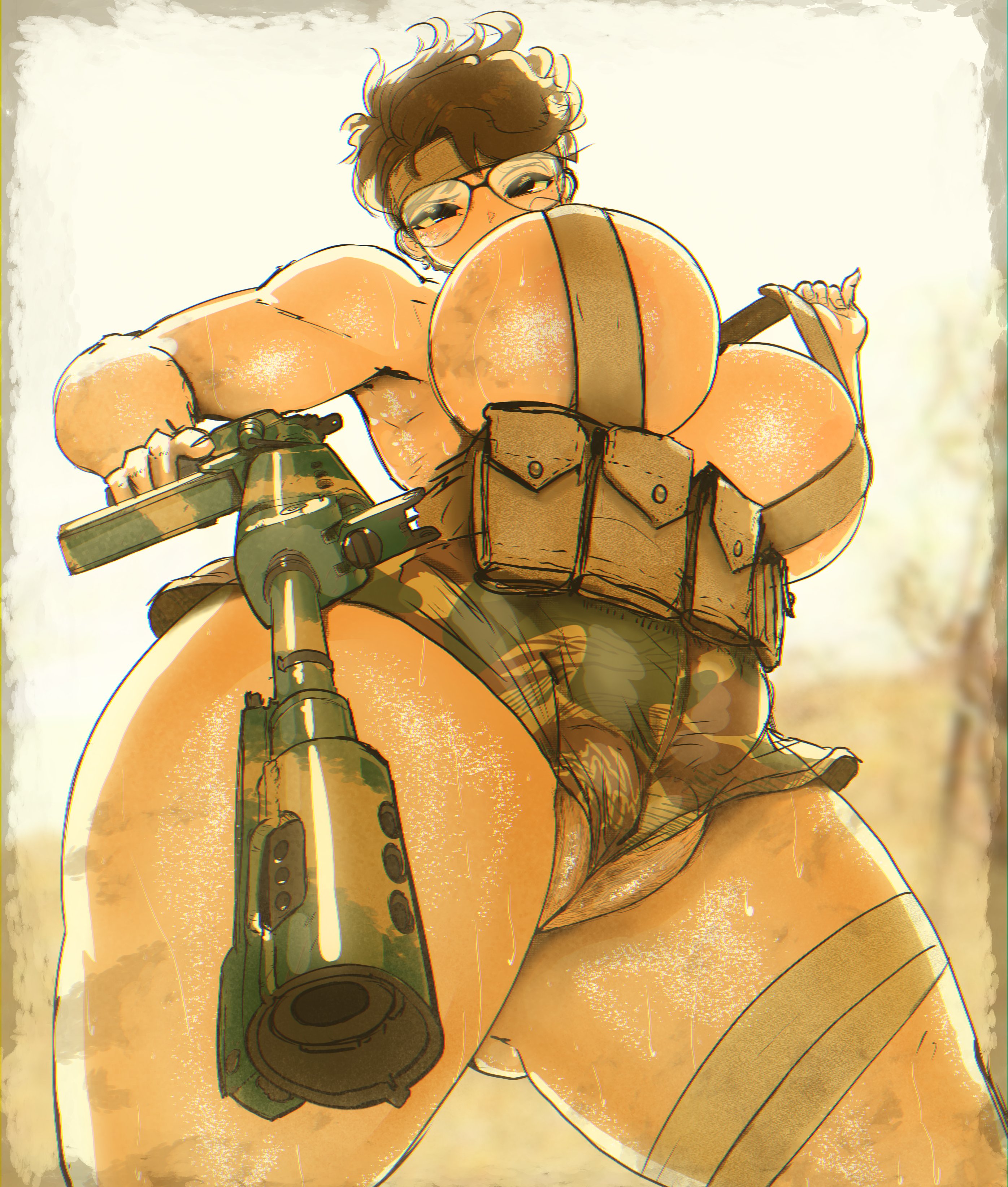 1girls, ammo pouch, ass, ass visible through thighs, big boobs, breasts, cameltoe, camouflage, character request, copyright request, female, female focus, female only, fn fal, gausscannon, glasses, gun, large breasts, light skin, light-skinned female, looking at viewer, looking down, pussy, pussy peek, short hair, sweat, sweatdrop, sweaty, sweaty body, thick thighs, thighs, underboob, weapon, wide hips