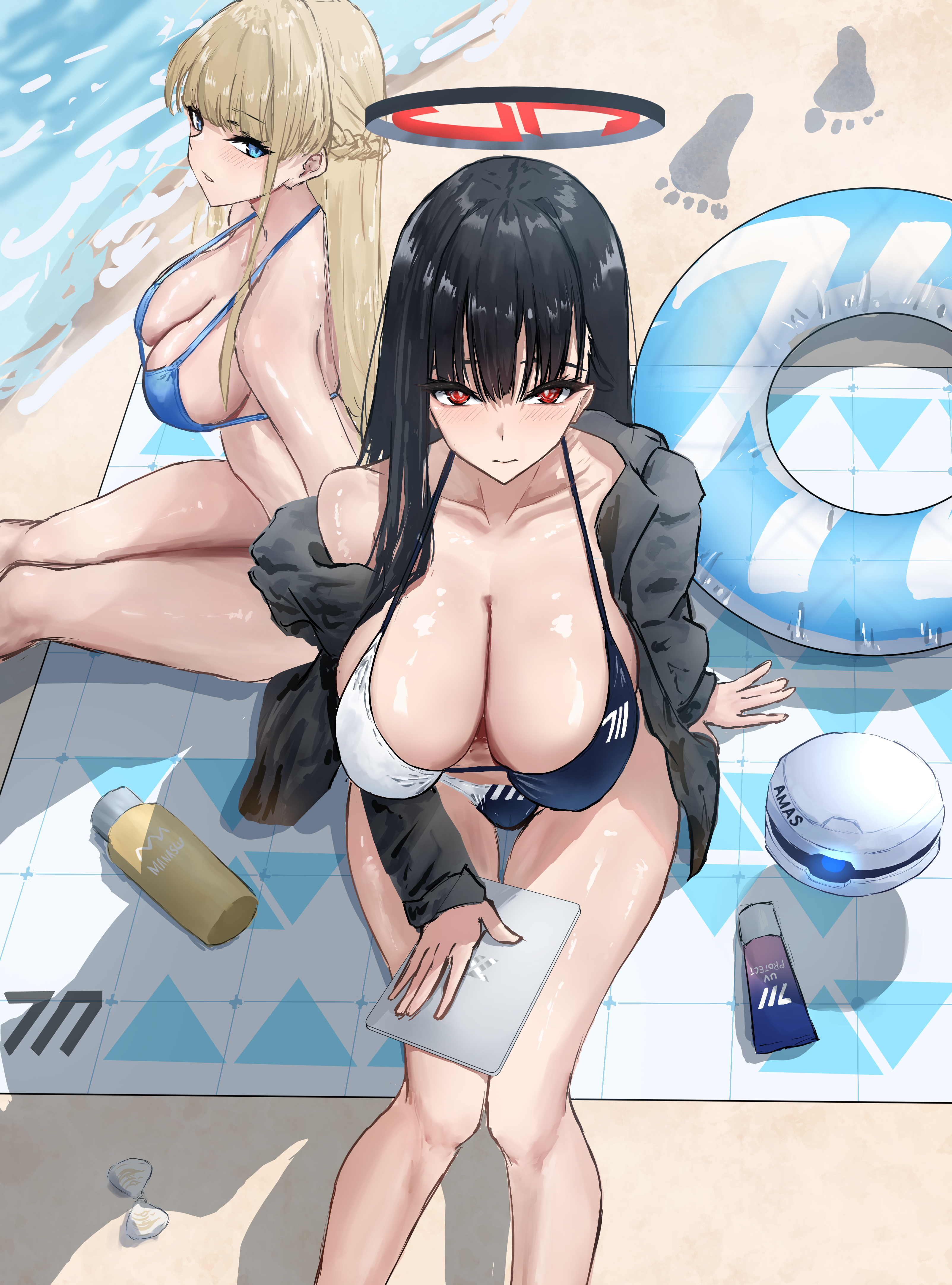 2girls, absurdres, alternate costume, asao (asaomm12345), bikini, black bikini, black hair, black halo, blonde hair, blue archive, blue bikini, blue eyes, blunt bangs, braid, breasts, bright pupils, cleavage, collarbone, drone, female, female only, half up braid, halo, highres, huge breasts, long hair, looking at viewer, multicolored bikini, multicolored halo, multiple females, multiple girls, red eyes, red halo, rio (blue archive), single bare shoulder, sitting, smile, swimsuit, thighs, toki (blue archive), two-tone bikini, two-tone halo, white bikini, white pupils