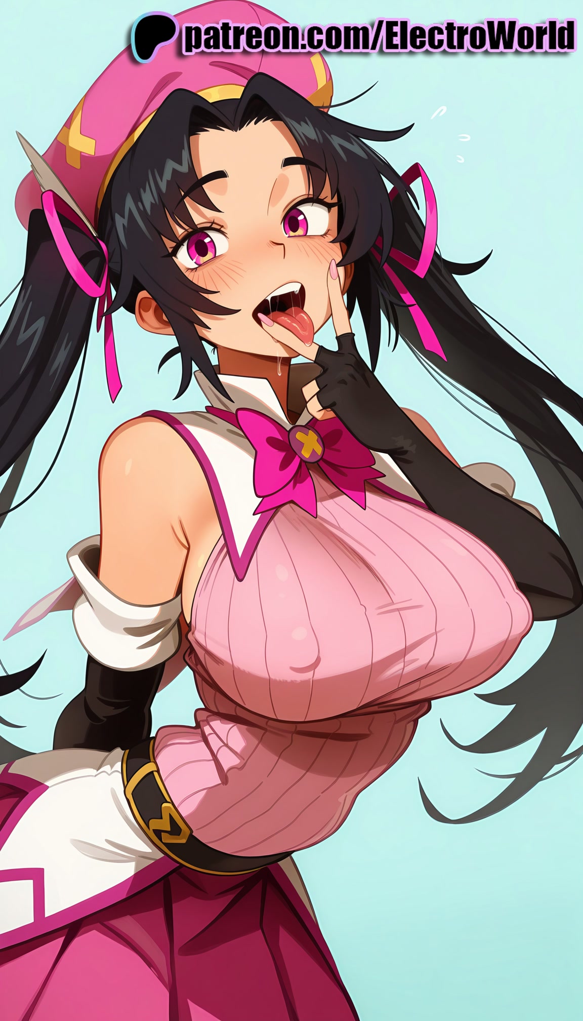 1girls, 2025, ai generated, aqua background, artist name, bare shoulders, belt, big breasts, big chest, black hair, blue background, blue sky, blush, breasts, bust, busty, chest, day, elbow gloves, electroworld, female, fingerless gloves, gloves, hat, hi res, high quality, high resolution, high school dxd, highres, large breasts, long hair, open mouth, patreon, patreon username, pink bow, pink eyes, pink ribbon, ribbed sweater, ribbon, serafall leviathan, solo, stable diffusion, tongue, watermark