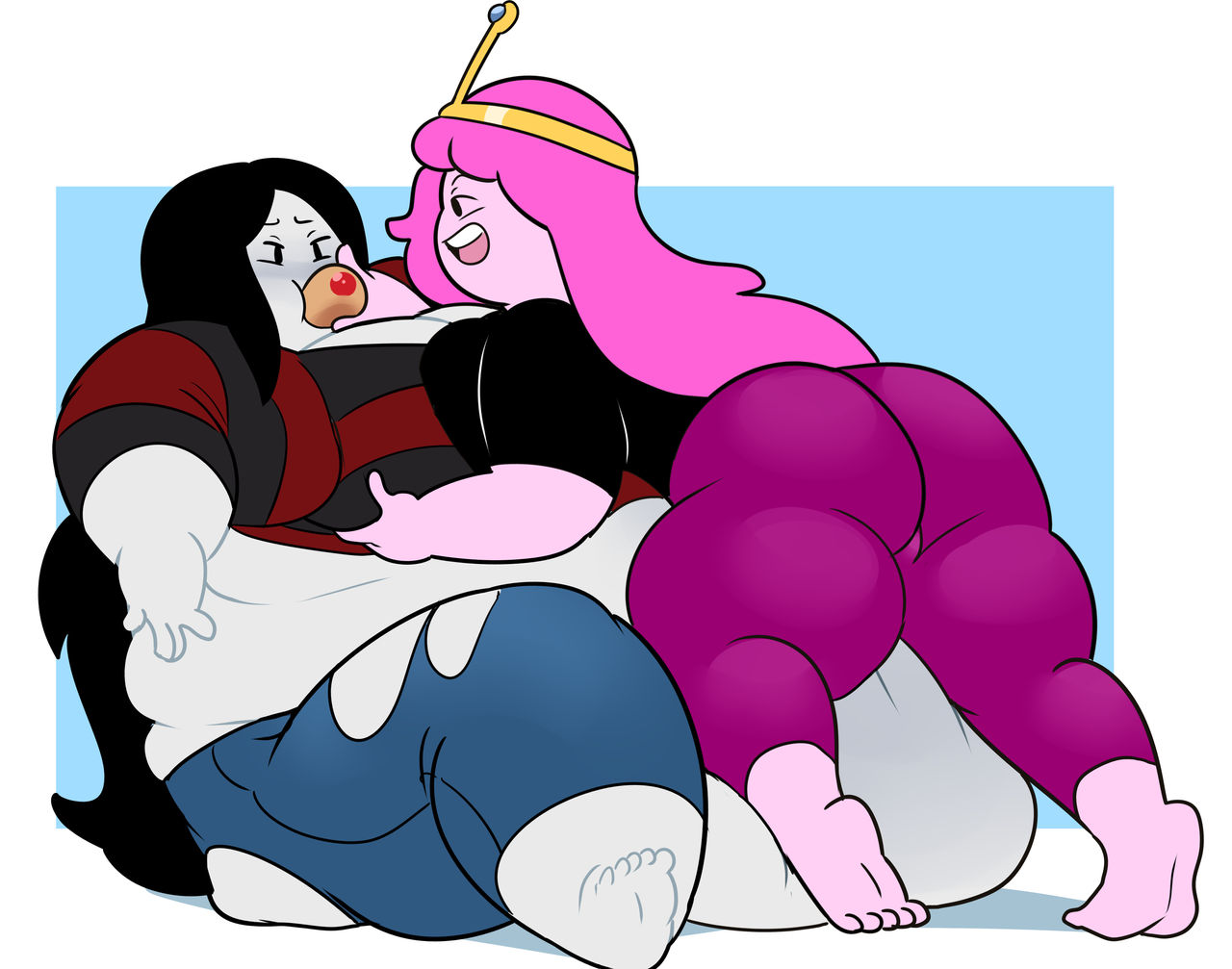 2girls, adventure time, black hair, crown, eating, fat, fat female, fat fetish, feederism, feeding, female, grey skin, gum, marceline, marceline abadeer, marceline the vampire queen, obese, obese female, overweight, overweight female, pink hair, pink skin, princess, princess bubblegum, superspoe, vampire, vampire girl, weight gain, yuri