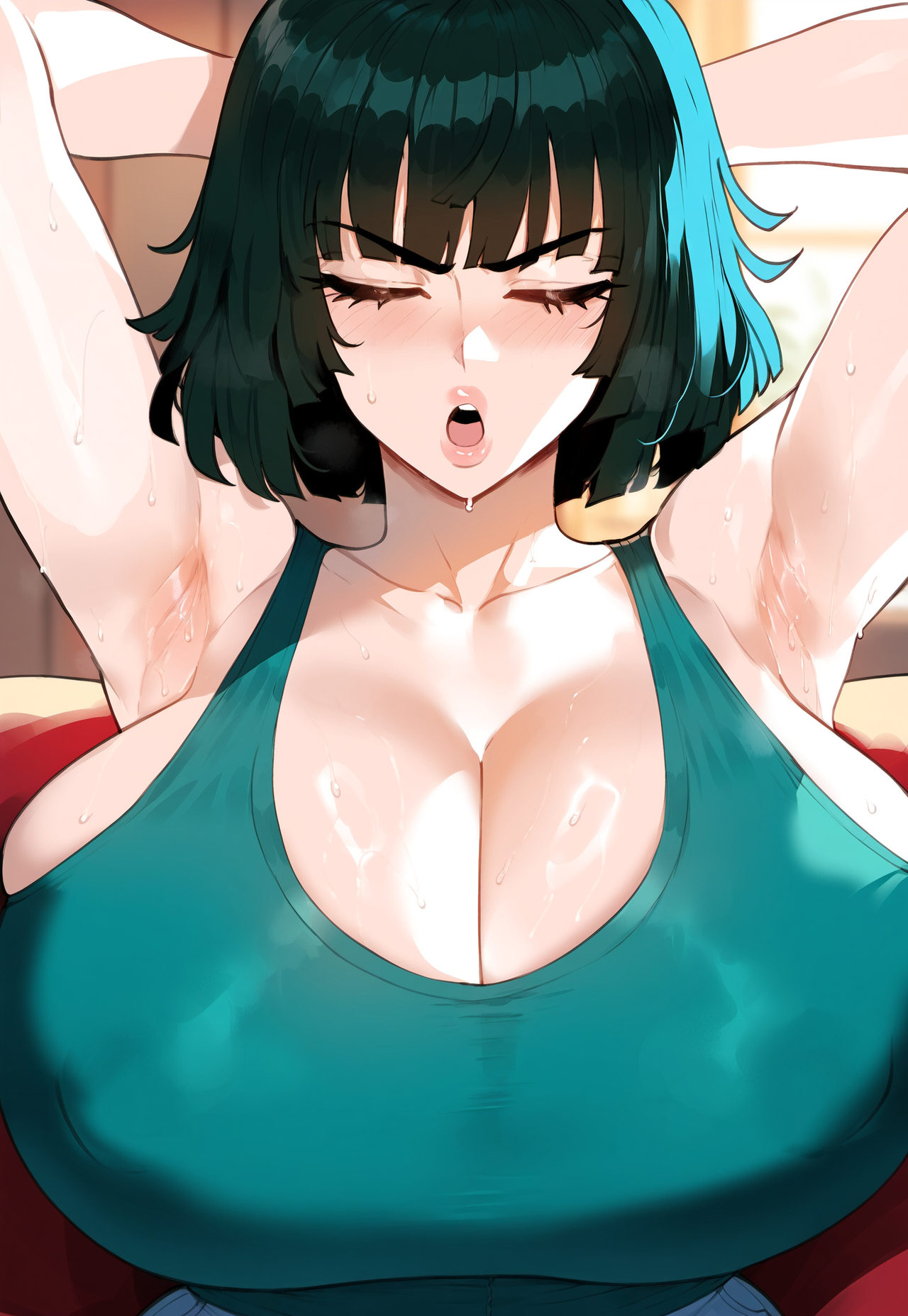 1girls, ai generated, armpits, arms up, ass, big breasts, breasts, closed eyes, female, female focus, fubuki (one-punch man), green eyes, green hair, huge ass, huge breasts, juuicyai, large breasts, light-skinned female, looking at viewer, mature female, milf, one-punch man, open mouth, thick thighs, thighs, wide hips