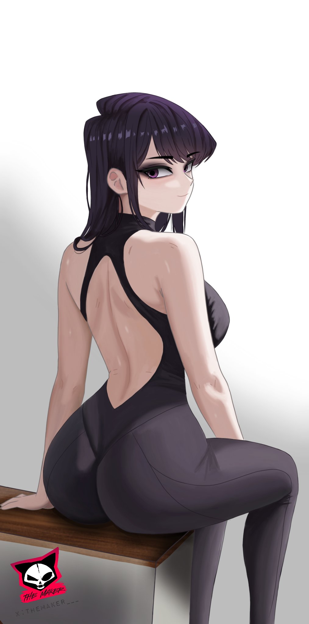 ass, ass focus, back, bare shoulders, breasts, catsuit, cleavage, female, female only, highres, huge ass, komi shouko, komi-san wa komyushou desu, leggings, long hair, looking back, pants, purple eyes, purple hair, sitting, smile, themaker, tight clothes, yoga pants