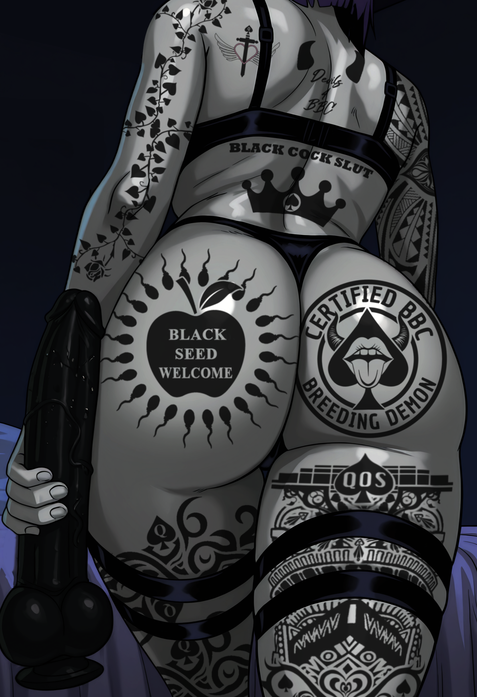 1girls, absurd res, absurdres, ai assisted, ai generated, ass focus, before masturbation, black dildo, blacked tattoo, bnwo, bra, breasts, dc, dc comics, dildo, dildo in hand, e-girl, female, from behind, goth, goth girl, grey body, grey skin, high resolution, highres, holding dildo, large ass, large dildo, oiled ass, oiled skin, purple hair, qos, qos tattoo, queen of spades, queen of spades symbol, queen of spades tattoo, raleu10, raven (dc), short hair, solo female, solo focus, spade tattoo, suction cup dildo, tattoo, tattoo on arm, tattoo on back, tattoo on belly, tattoo on breast, tattoo on chest, tattoo on legs, tattooed arm, tattoos everywhere, teen titans, thick ass, thick thighs, thigh strap, thong, veiny dildo