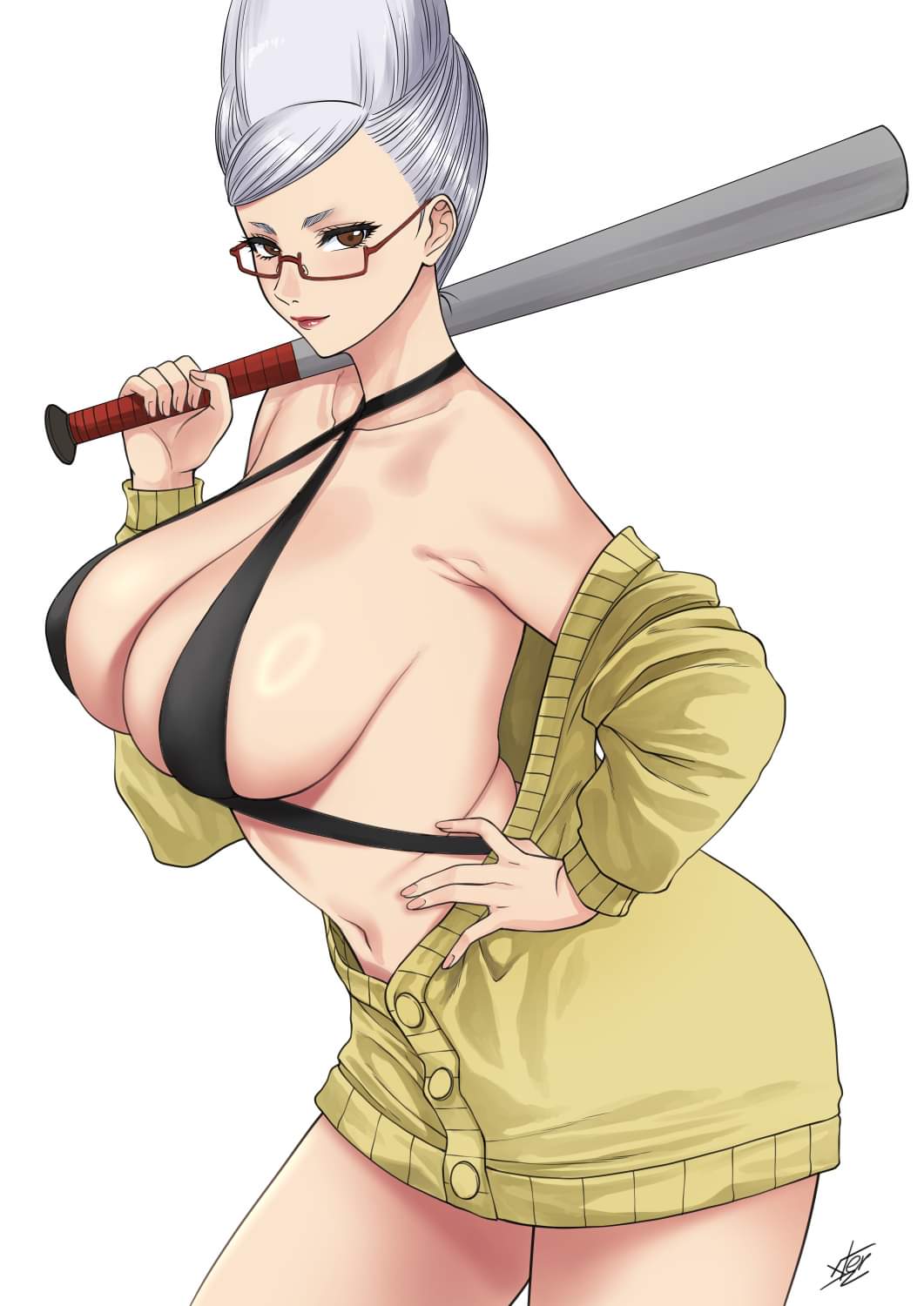 1girls, armpit crease, ayase seiko, bare shoulders, beehive hairdo, black one-piece swimsuit, breasts, brown eyes, cardigan, cleavage, collarbone, commentary, dandadan, english commentary, female, female only, glasses, hand on own hip, highres, holding, large breasts, long hair, looking at viewer, mature female, navel, off shoulder, one-piece swimsuit, red-framed eyewear, semi-rimless eyewear, signature, simple background, smile, solo, swimsuit, tall hair, thighs, white hair, white-haired female, xter, xtermination, yellow cardigan