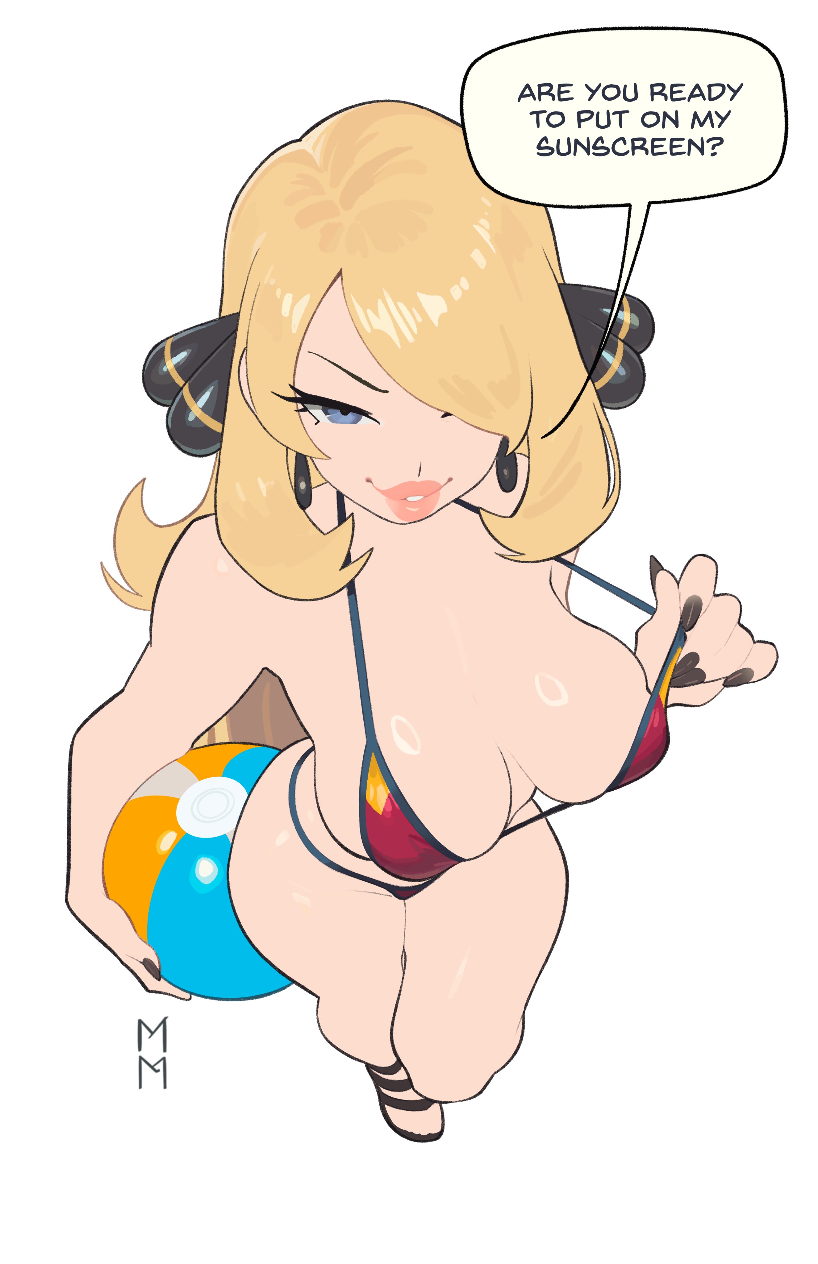 1girls, artist logo, beach ball, bikini, bikini top, black nails, blonde female, blonde hair, blonde-haired female, blue eyes, breasts, cynthia (pokemon), dialogue, english, english text, female, female only, from above, game freak, hair over one eye, holding object, marsupialman, milf, nintendo, pink lipstick, pokemon, pokemon dppt, pulling bikini string, sandals, seductive, seductive look, shiny breasts, shiny skin, simple background, solo, solo female, speech bubble, text, thick thighs, white background