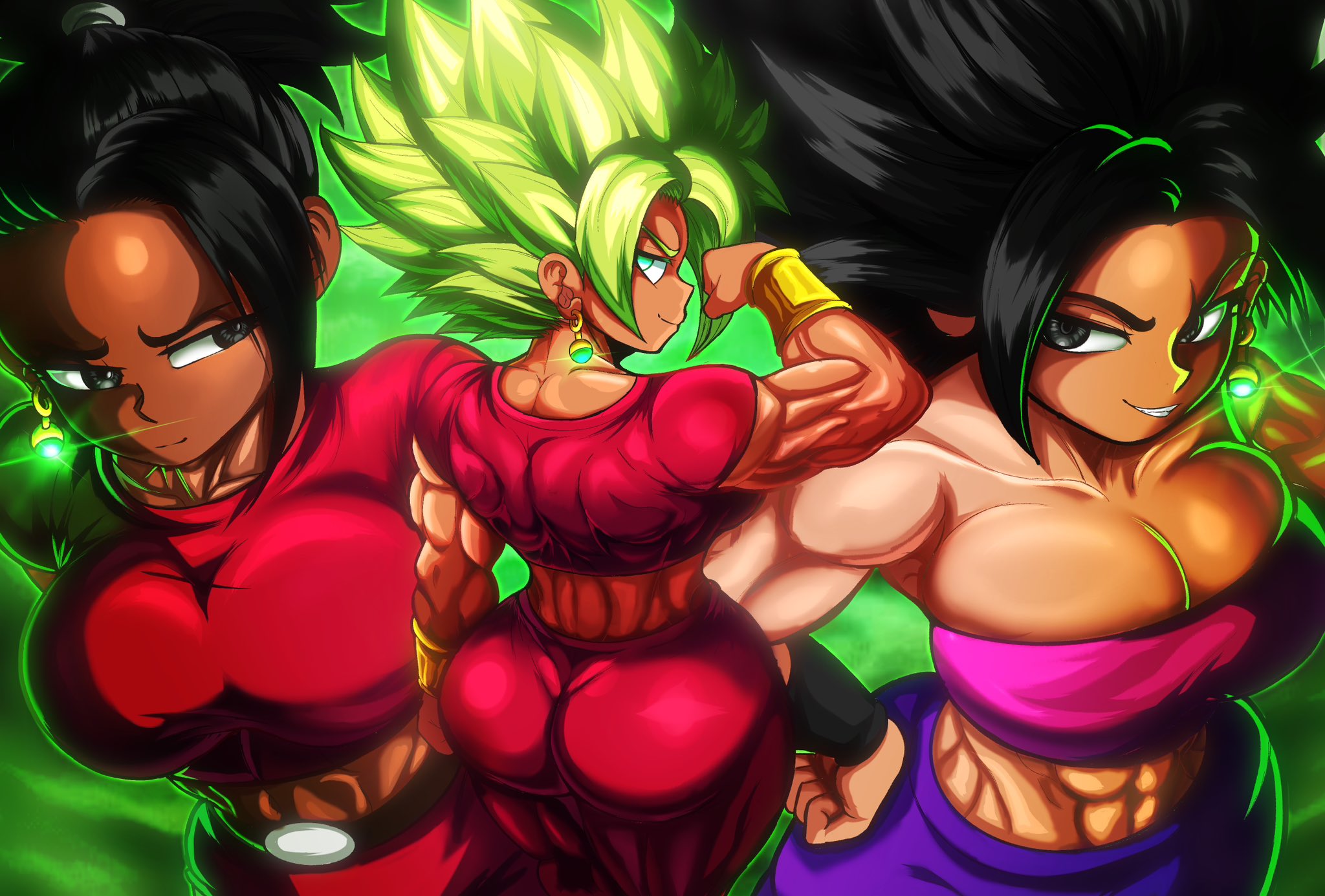 2d, 3girls, abs, alternate version available, ass, back view, big ass, big breasts, big butt, black eyes, black hair, bracelet, breasts, busty, caulifla, cleavage, color, curvaceous, curvy, curvy female, curvy figure, dark skin, dark-skinned female, dragon ball, dragon ball super, duo, earring, earrings, fat ass, female, female only, flexing, flexing bicep, front view, full color, fusion, green eyes, green hair, hand on hip, hi res, high resolution, highres, huge ass, huge breasts, huge butt, kale, kefla, kefla (dragon ball), kwalker1009, large ass, large breasts, large tits, leggings, light skin, light-skinned female, looking back, multiple females, multiple girls, muscles, muscular, muscular arms, muscular back, muscular body, muscular female, muscular thighs, nervous, non-nude, pose, posing, potara earrings, rear view, shounen jump, smirk, spiky hair, super saiyan, thick ass, tubetop, voluptuous, voluptuous female