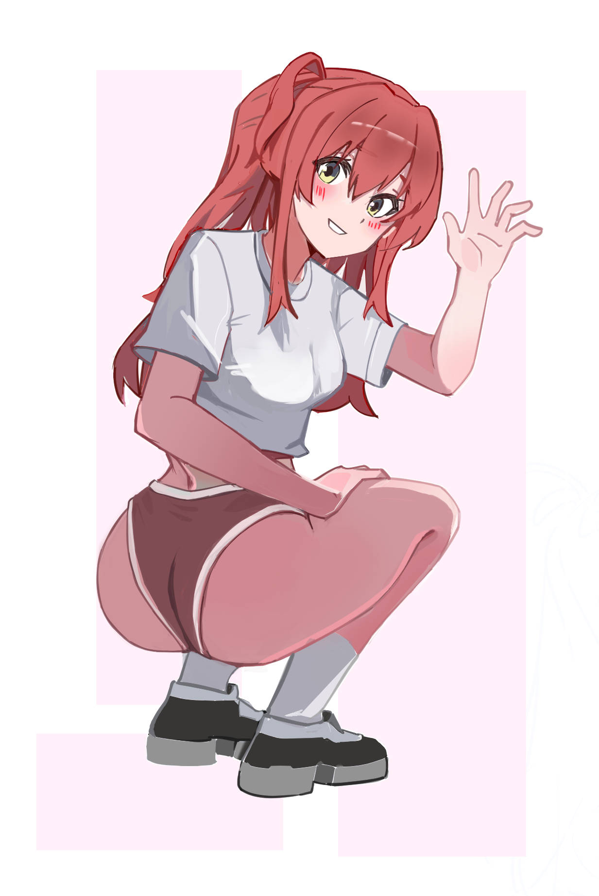 1girls, 2025, ass, blush, bocchi the rock!, buruma, female, from behind, gym uniform, hand on leg, hand on thigh, kita ikuyo, long hair, looking at viewer, red hair, shirt, smile, sneakers, socks, squatting, t-shirt, tagme, thighs, waving, wuming-aaa, yellow eyes