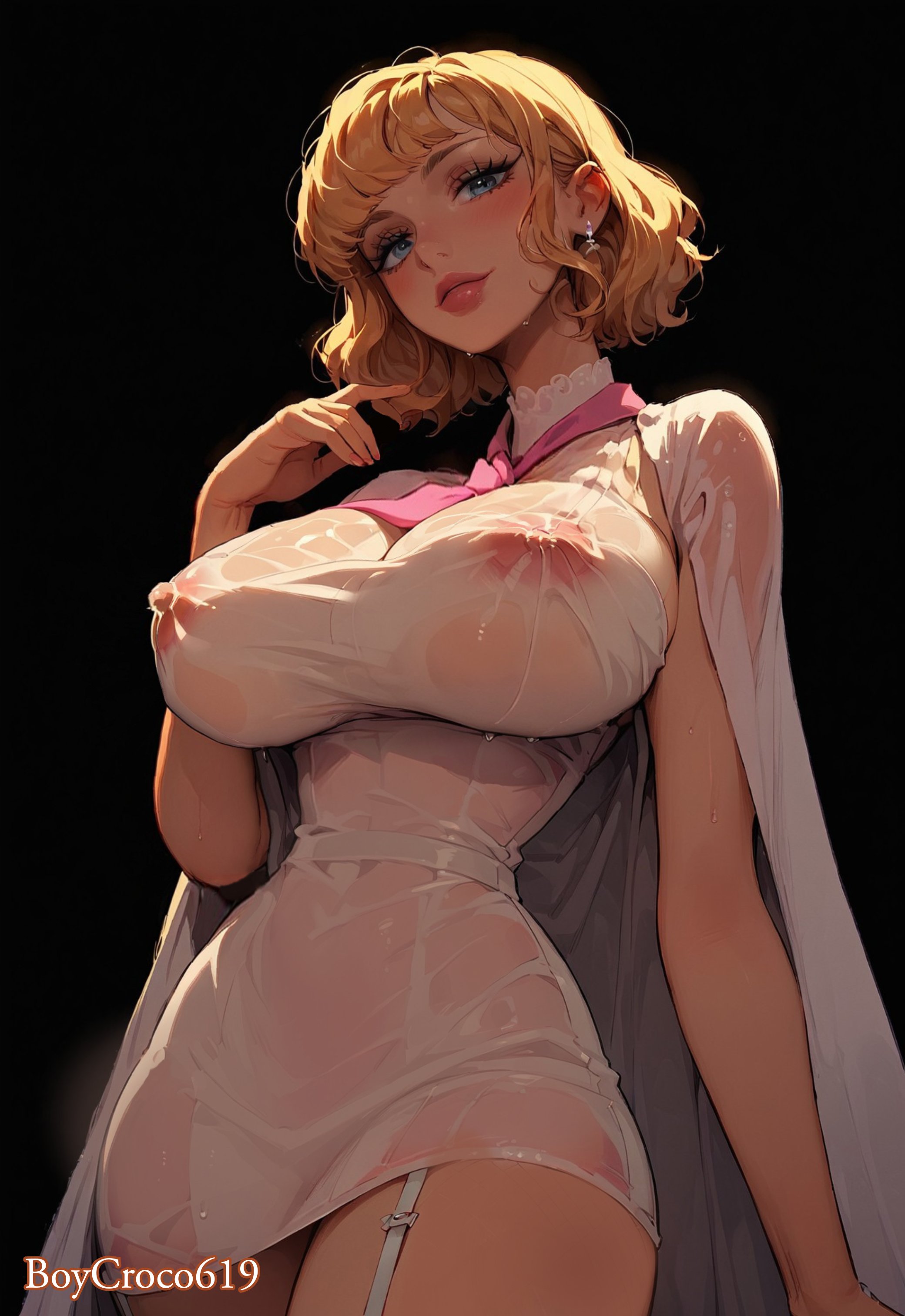 1girls, ai generated, big breasts, blonde hair, blonde-haired female, blue eyes, boycroco619, breasts, clothing, cp0, female, female only, nipples, one piece, post timeskip, stussy (one piece), wet clothes