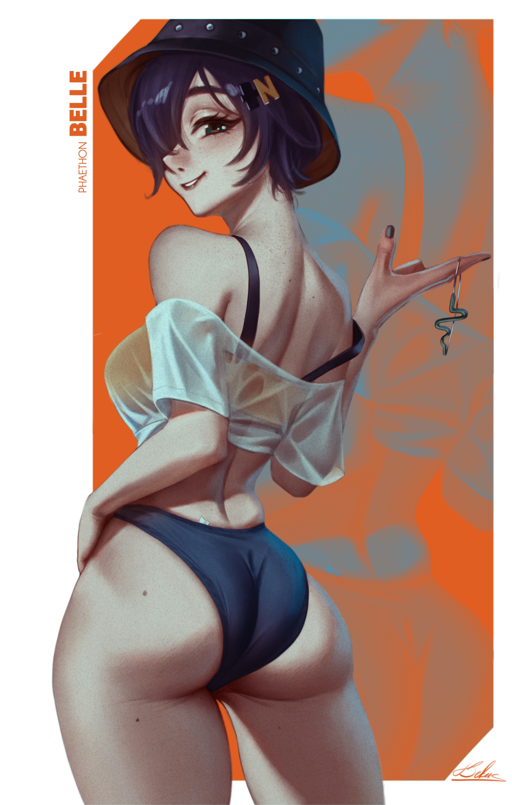 1girls, 2d, 2d (artwork), ass, back view, bekus25, belle (summer skies) (zenless zone zero), belle (zenless zone zero), breasts, bucket hat, digital media (artwork), female, female focus, female only, highres, hoyoverse, large ass, light skin, light-skinned female, looking at viewer, looking back, mihoyo, official alternate costume, parted lips, see-through, see-through clothing, short hair, solo, thick thighs, thighs, wide hips, zenless zone zero