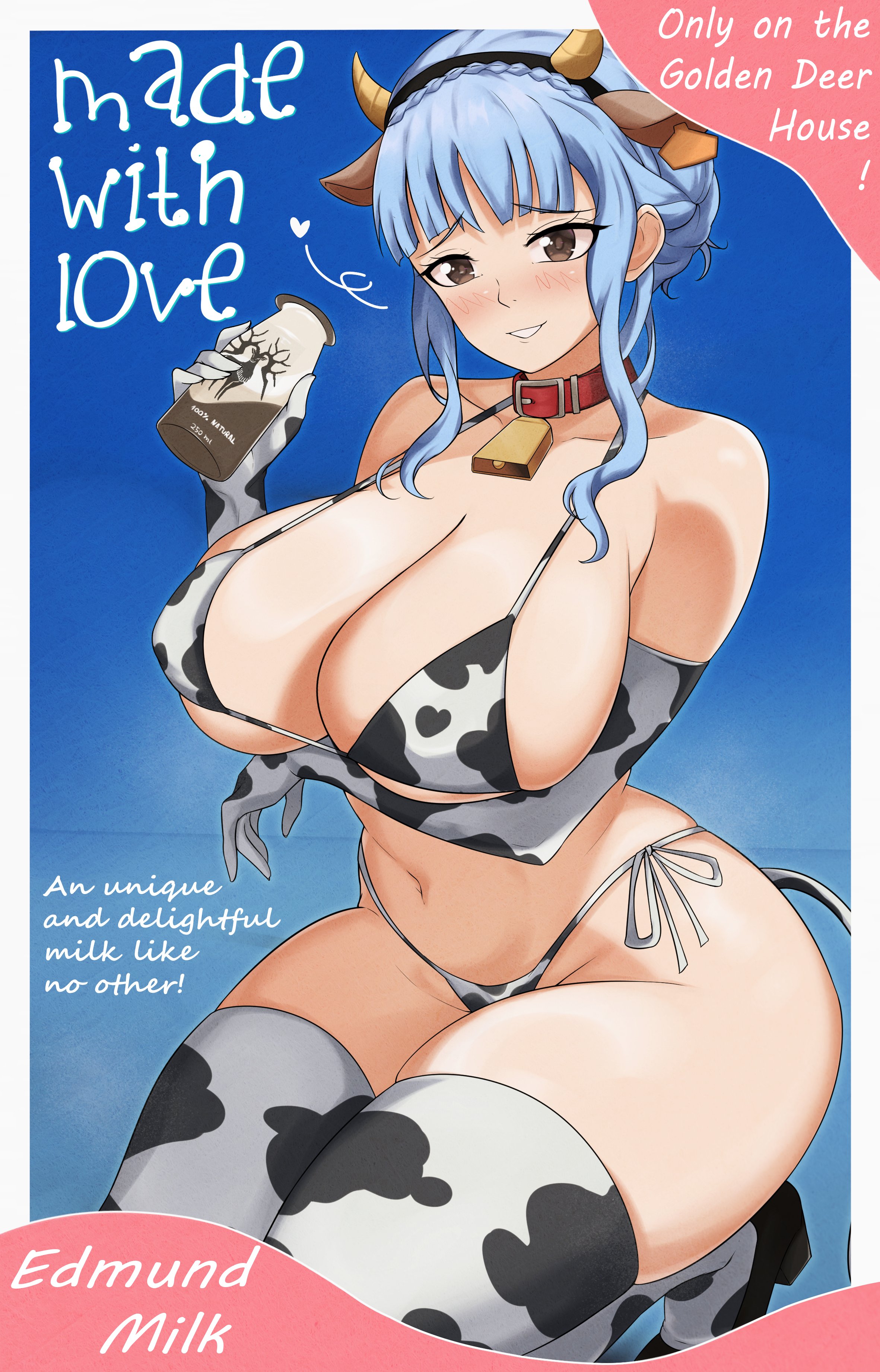 1girls, 2025, absurdres, arm under breasts, bangs, bikini, blue hair, blush, breasts, brown eyes, cleavage, collar, cow bell, cow bell collar, cow ears, cow print, cow print bikini, cow print stockings, cow tail, english text, fake animal ears, female, female only, fire emblem, fire emblem: three houses, heart, high heels, highres, huge breasts, kneeling, large breasts, light skin, light-skinned female, looking at viewer, marianne von edmund, milk, milk bottle, navel, nintendo, scrapy, solo, stockings, text, thick thighs, thighhighs, wide hips