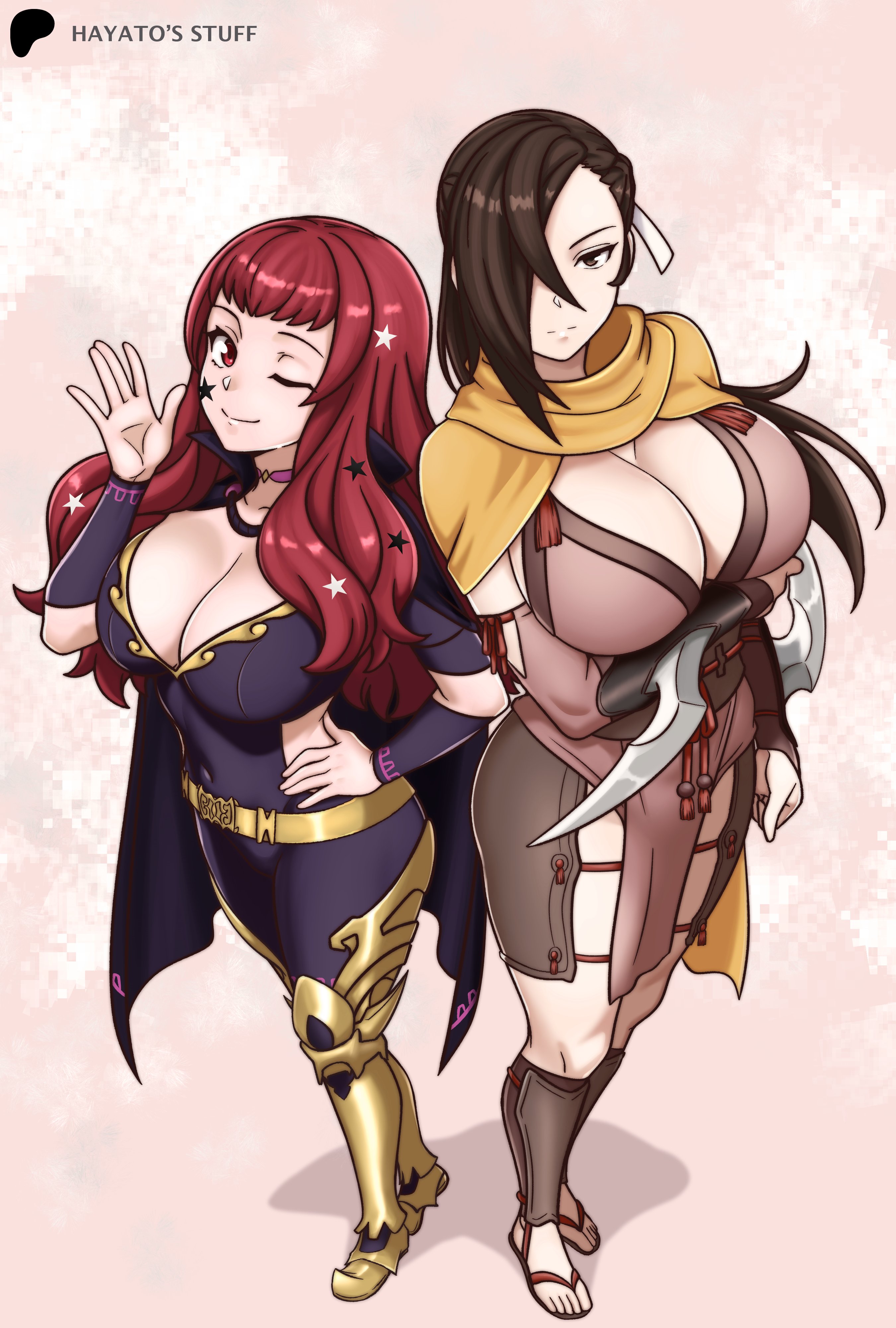;), 2girls, absurdres, artist name, belt, big breasts, black bodysuit, black cape, bodysuit, breasts, brown eyes, brown hair, cape, choker, cleavage, closed mouth, clothing cutout, commentary, english commentary, facial mark, female, female only, fire emblem, fire emblem engage, fire emblem fates, fire emblem heroes, from above, full body, hair ornament, hair over one eye, hand on own hip, hayato stuff, high collar, highres, huge breasts, japanese clothes, kagero (fire emblem), large breasts, long hair, looking at viewer, multiple females, multiple girls, ninja, nintendo, one eye closed, one eye covered, pelvic curtain, pink choker, ponytail, red eyes, red hair, sandals, scarf, shadow, simple background, smile, star (symbol), star facial mark, star hair ornament, toes, white background, yellow belt, yellow scarf, yunaka (fire emblem)