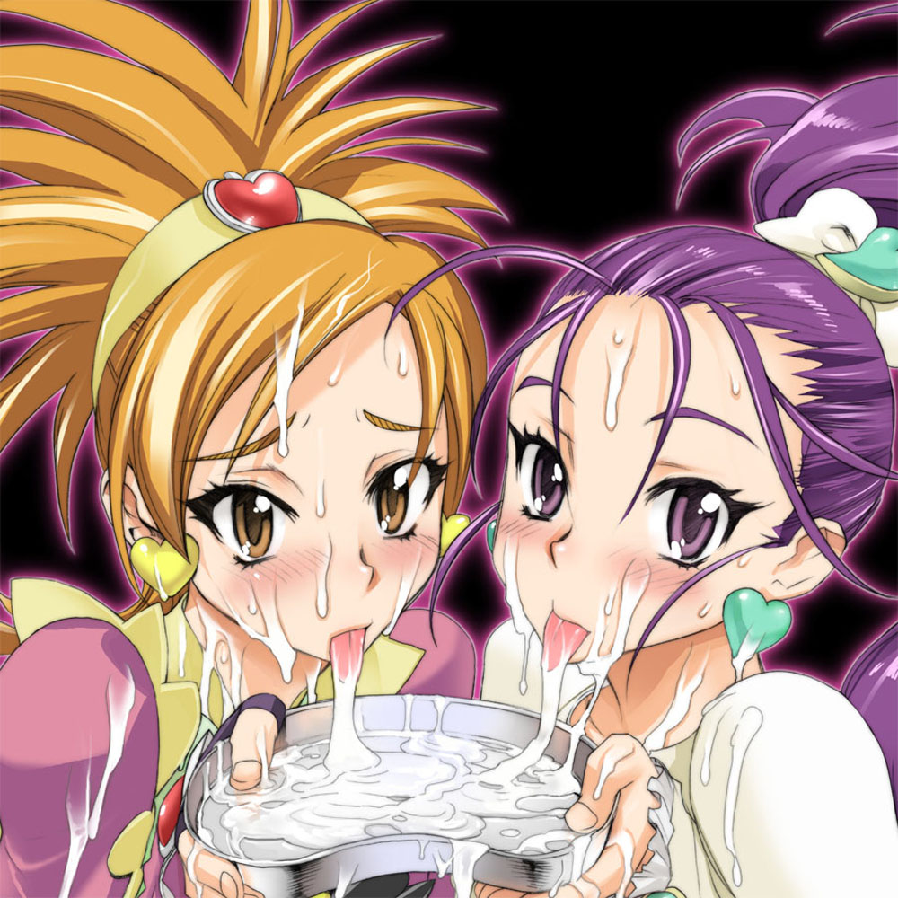 2girls blonde_hair blush bow bowl bukkake clothing cum cum_drinking cum_in_container cum_in_mouth cum_on_tongue cum_pool cum_string cumpool cure_bloom cure_egret facial female female_only futari_wa_precure_splash_star gokkun hair hair_held_back hyuuga_saki inazuma magical_girl mishou_mai multiple_girls plate platter precure pretty_cure purple_hair ribbon satou_shouji tongue