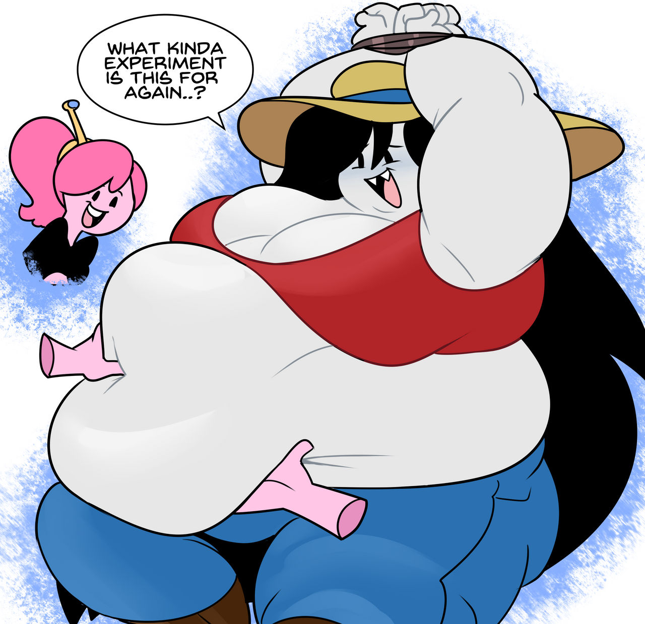 2girls, adventure time, belly, belly grab, breasts, crown, english text, fat, fat female, fat fetish, female, female only, grabbing, grabbing belly, hat, huge belly, huge breasts, marceline, marceline abadeer, marceline the vampire queen, multiple females, multiple girls, princess, princess bubblegum, restrained, superspoe, weight gain, yuri