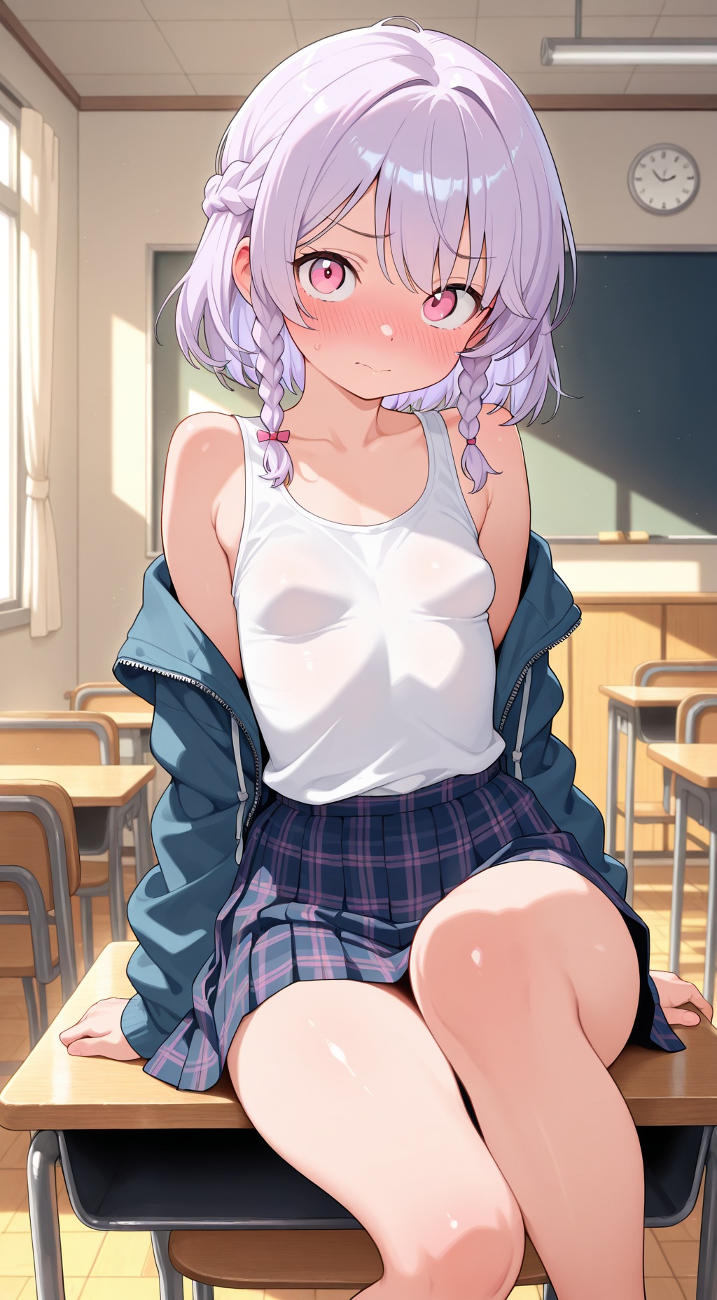 ai generated, breasts, closed legs, clothed, female, jacket open, pink hair, school desk, shy, small breasts, younger female