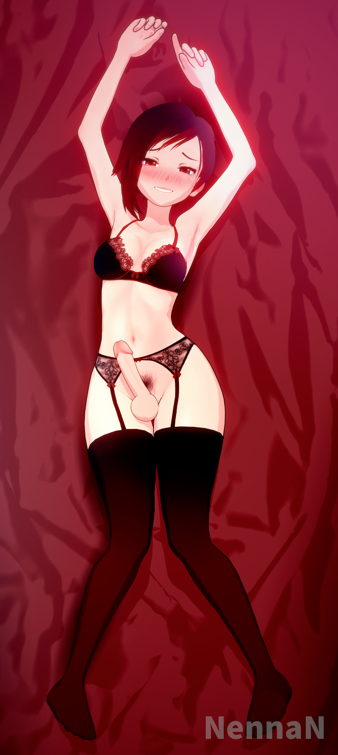 1futa, 3d, black hair, blush, breasts, futa only, futanari, intersex, laying down, light-skinned futa, lingerie, nennan, no panties, penis, pubic hair, ruby rose, rwby, solo, solo futa