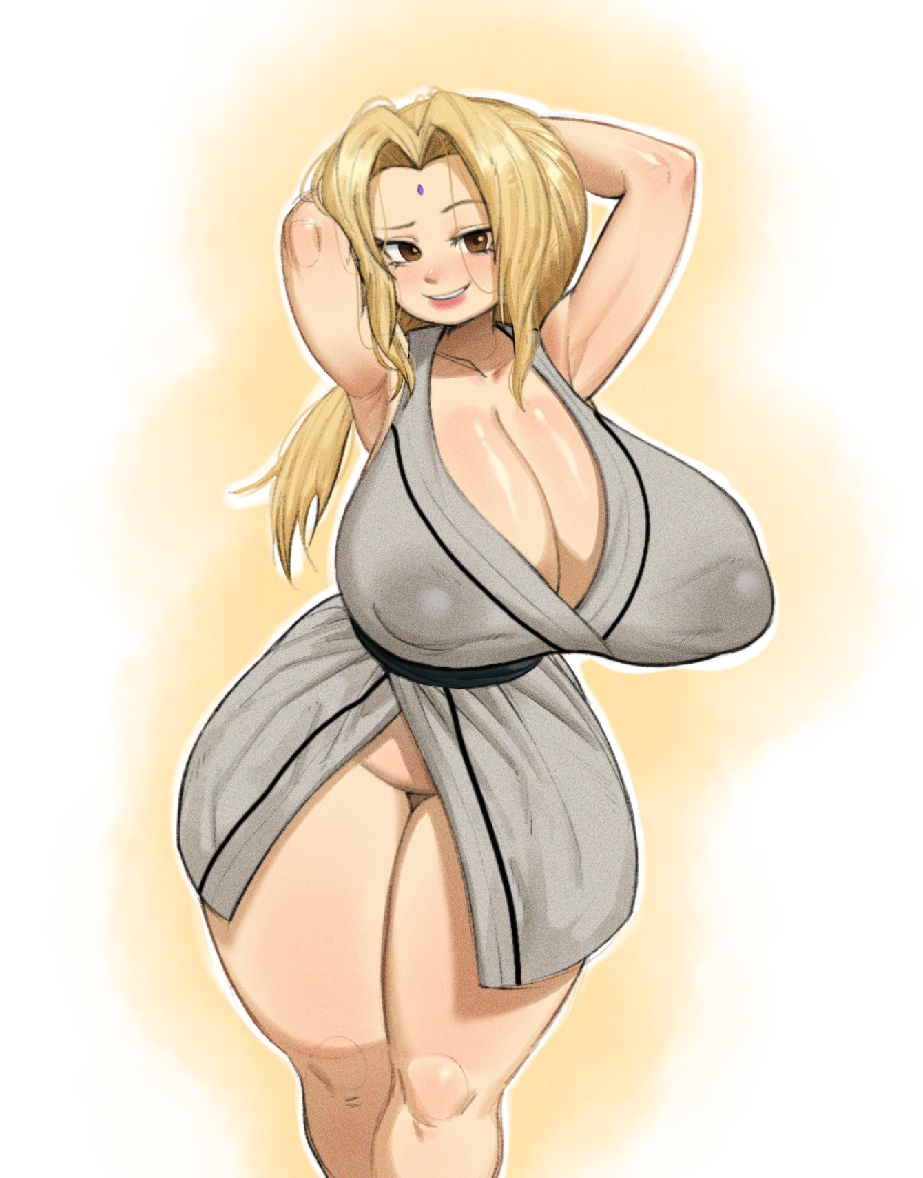 1girls, big breasts, blonde hair, breasts, brown eyes, cleavage, clothing, female, female only, forehead jewel, grimy291, hair, hands behind head, hips, huge breasts, kimono, large breasts, mature, mature female, mature woman, milf, naruto, naruto (series), nipple bulge, robe, smile, solo, solo female, thick thighs, thighs, tsunade, wide hips