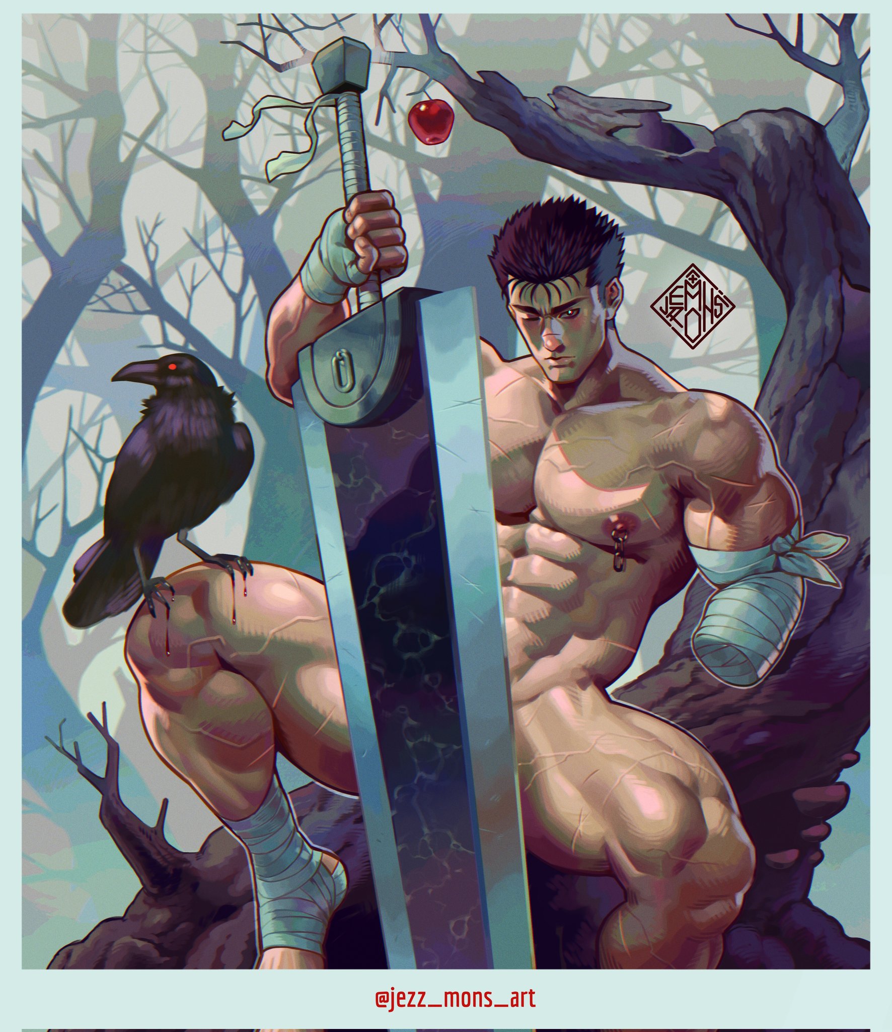 1boy, abs, amputated arm, amputee, apple, bandaged arm, bandaged foot, bara, bara tiddies, bara tits, berserk, big calves, big muscles, big pecs, black hair, bleeding, blush, calves, covered penis, crow, gay, gay male, guts (berserk), holding sword, holding weapon, huge pecs, human, jezz mons nsfw, legs apart, legs open, legs spread, light skin, light-skinned male, looking at viewer, male, male breasts, male chest, male only, male with breasts, manboobs, moobs, muscles, muscular, muscular calves, muscular male, muscular shoulders, muscular thighs, naked, nipple piercing, nipples, nude, nude male, one eye closed, open legs, outdoor nudity, outdoors, outside, pecs, pectorals, penis, pierced nipples, sitting, six pack, solo, solo male, spread legs, sword, thick thighs, veins, veiny biceps, veiny calves, veiny muscles, veiny pecs, veiny thighs, yaoi