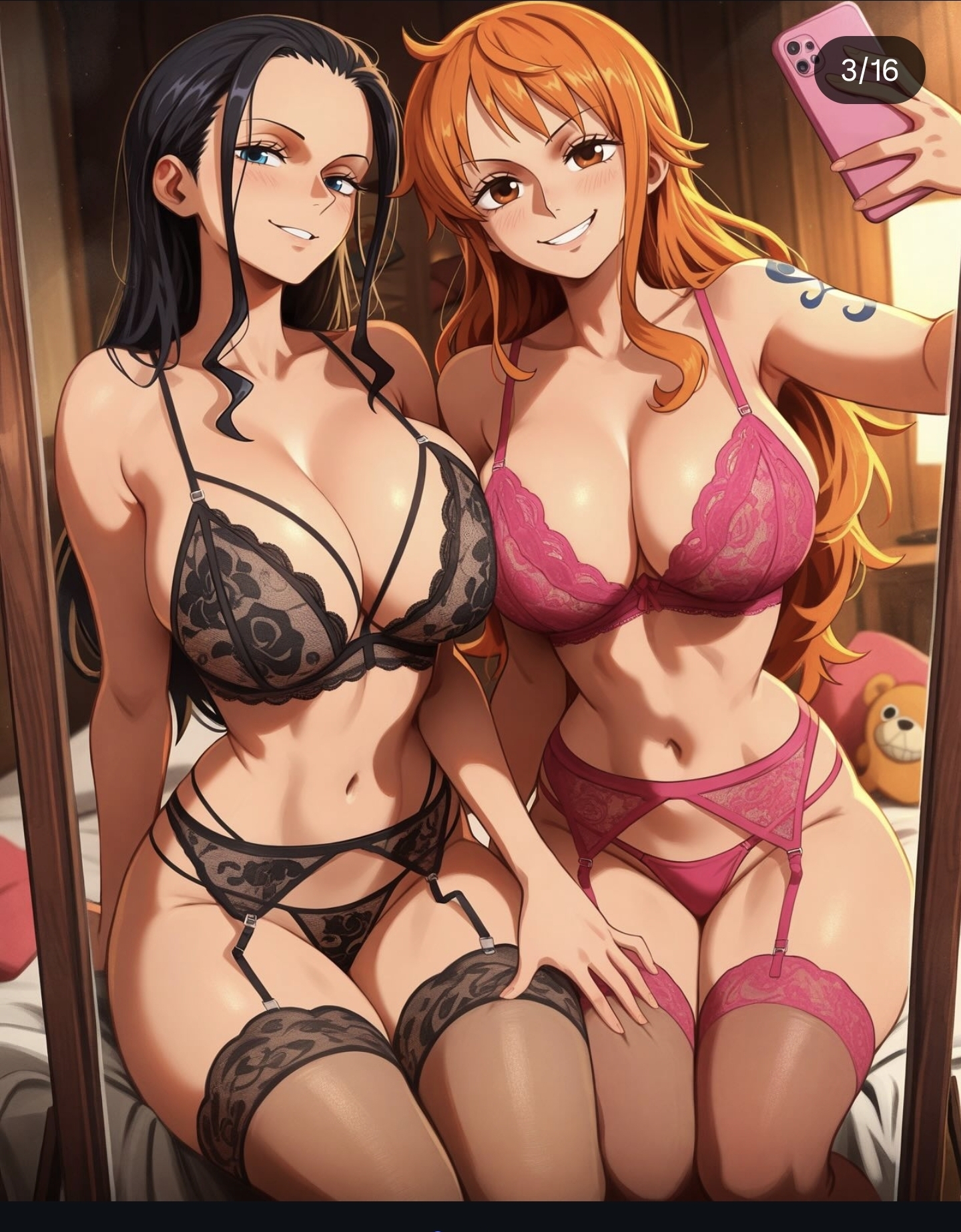 2girls, ai generated, arm tattoo, big breasts, black hair, black lingerie, black-haired female, blue tattoo, breasts, female, female only, lingerie, long hair, mirror selfie, nami (one piece), nico robin, one piece, orange hair, orange-haired female, pink lingerie, sitting on bed, tagme, tattoo