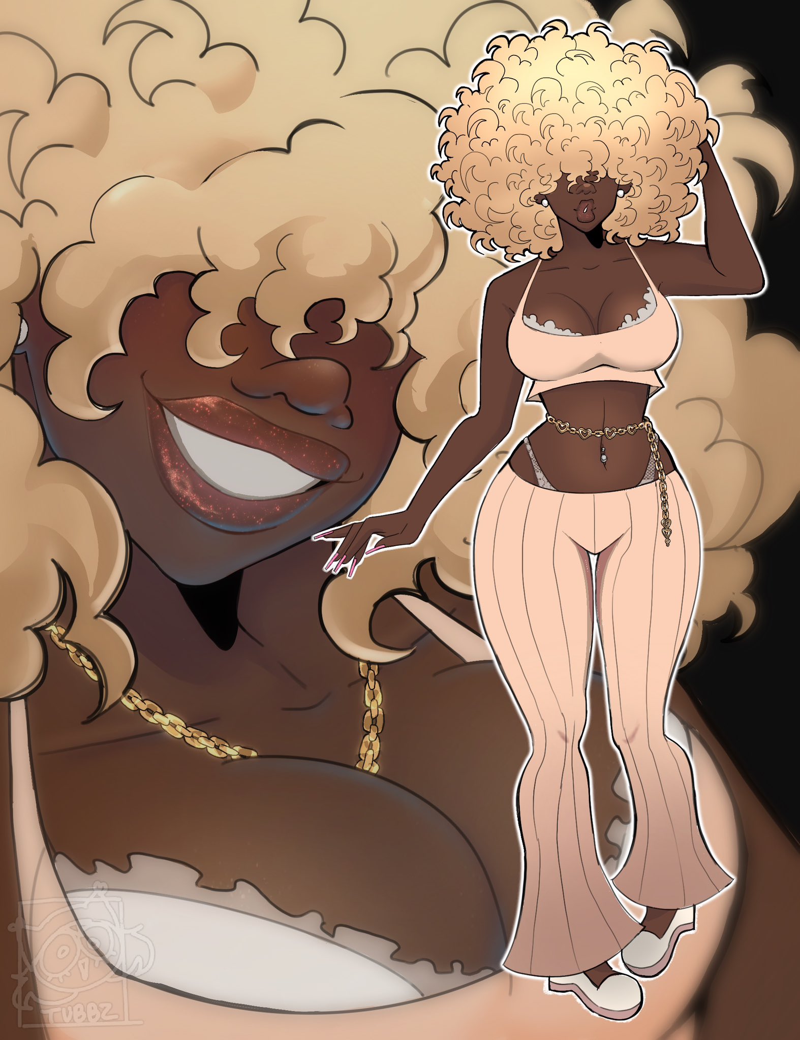 1girls, afro, angel (tubbiezzzz), belly button piercing, big breasts, blonde, blonde female, blonde hair, blonde-haired female, bra, bra peek, breasts, chain, character request, cleavage, covered eyes, curly hair, dark skin, dark-skinned female, eyes covered, female, female only, glitter lipstick, gold chain, gold jewelry, hair over eyes, large breasts, lipgloss, original, original character, smiling, solo, solo female, tank top, thick, thick lips, tubbiezzzz, whale tail (clothing)