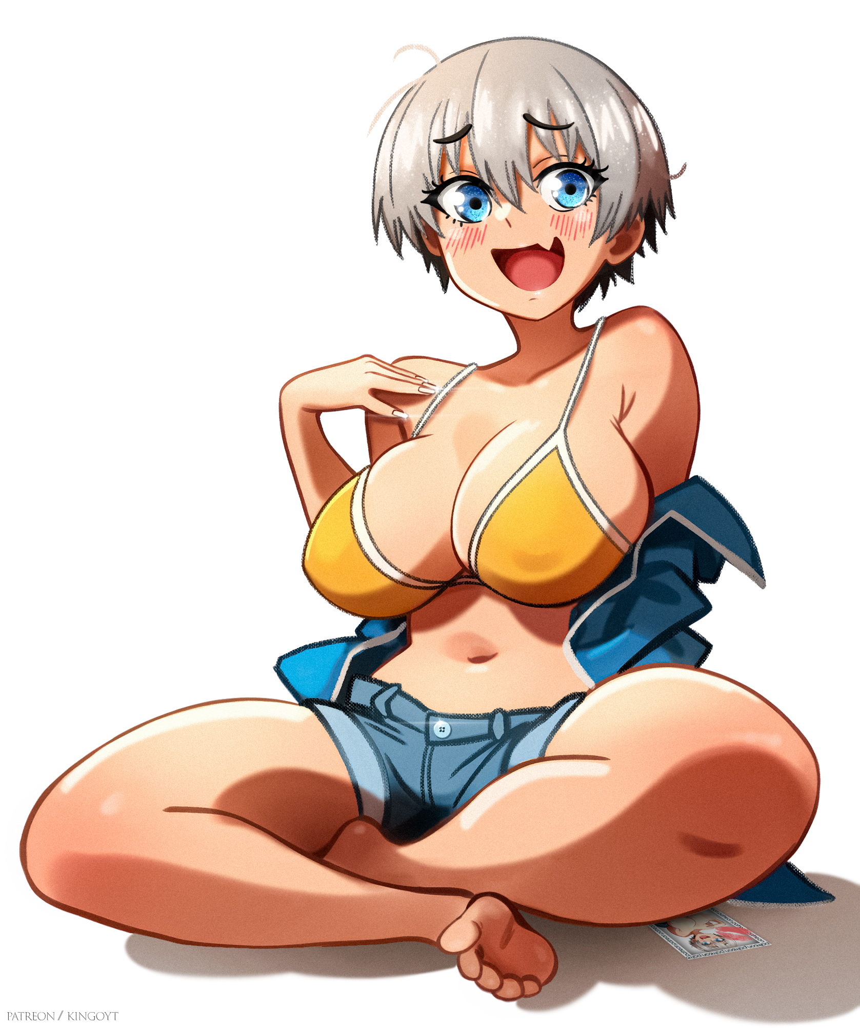 2025, big breasts, blue eyes, blue jacket, breasts, breasts bigger than head, denim, denim shorts, feet, female, female protagonist, grey hair, huge breasts, instagram link, jacket, jean shorts, jeans, light-skinned female, no ai, short hair, sitting, solo, stepkingo, tagme, tomboy, twitter link, uzaki hana, uzaki-chan wa asobitai!, very short hair, white background, yellow bikini, yellow bikini top