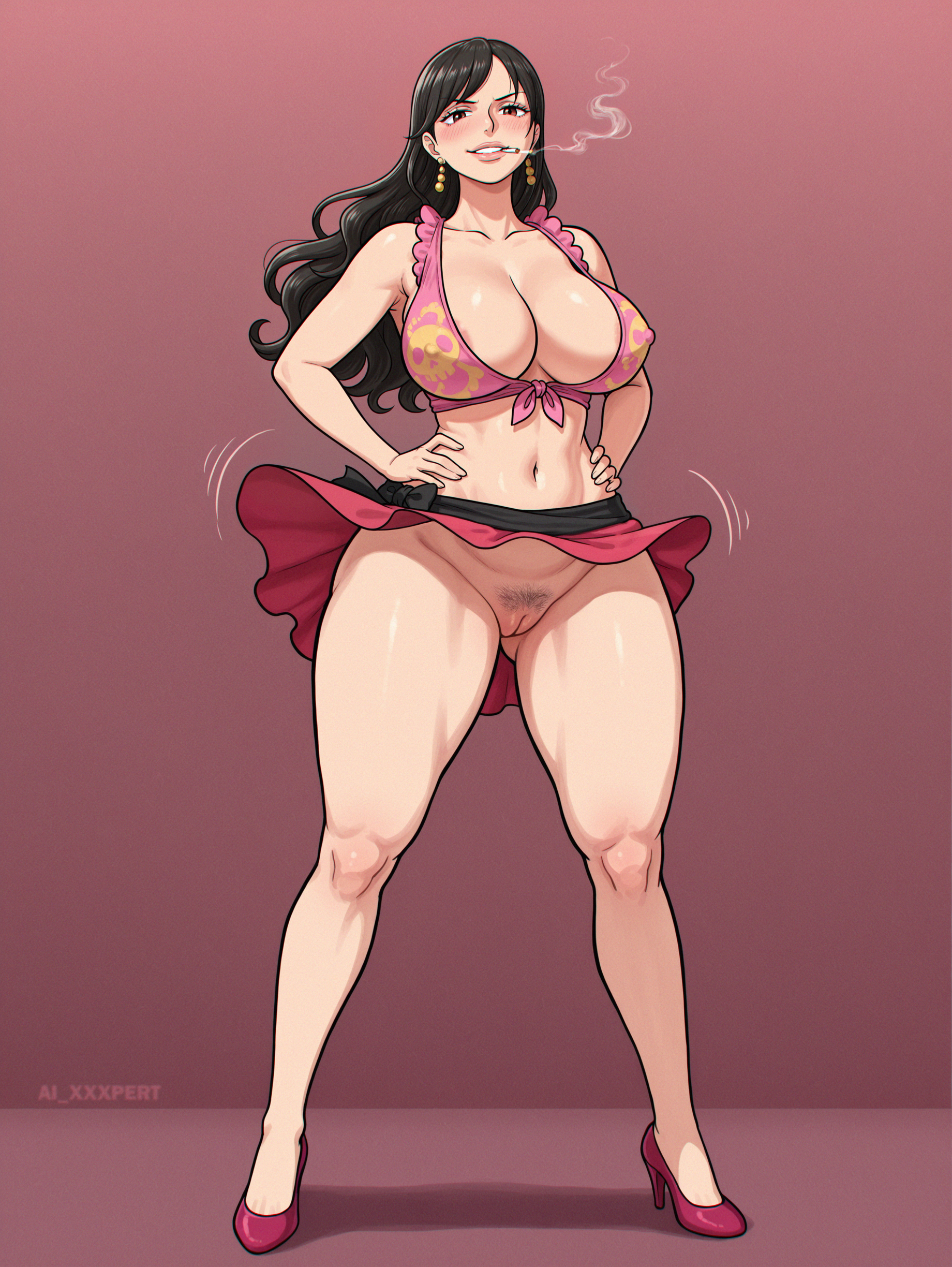 1girls, ai generated, ai xxxpert, armpits, bare arms, bare legs, bare shoulders, bare thighs, barely clothed, belly, big ass, big breasts, big cleavage, black hair, black-haired female, breasts, breasts bigger than head, cigarette, cigarette in mouth, clothed, clothing, earrings, female, female focus, female only, hands on hips, hourglass figure, huge boobs, huge breast, huge breasts, huge hips, huge thighs, innie pussy, jewelry, large boobs, large breasts, large tits, light skin, light-skinned female, long hair, long-haired female, looking at viewer, massive boobs, massive breasts, massive tits, one piece, open legs, pirate, posing, pussy, pussy peek, seductive, shakky, shakuyaku, simple background, skirt lift, smile, smiling, smiling at viewer, smoking, solo, solo female, standing, thick thighs, wide hips