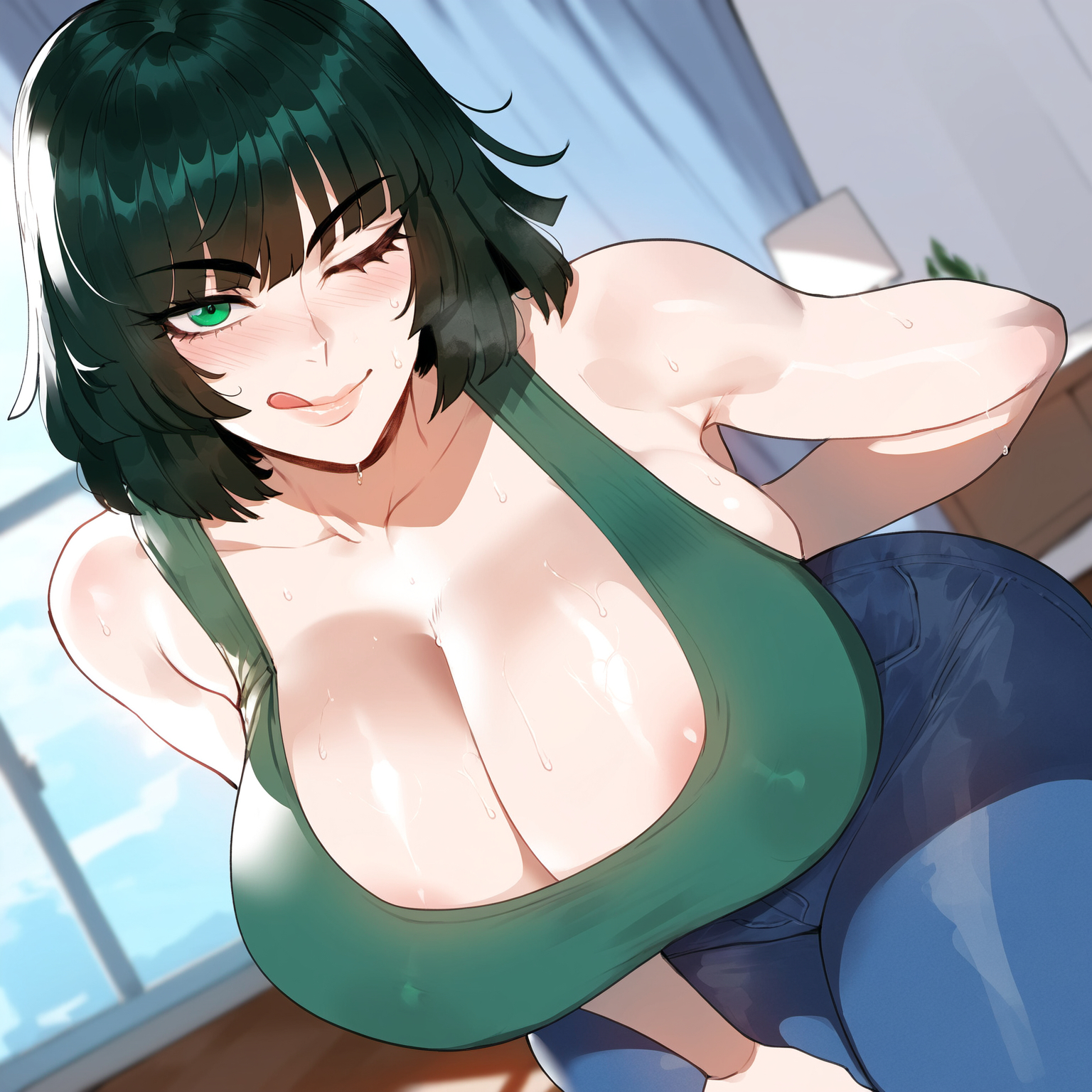 1girls, ai generated, ass, big breasts, breasts, female, female focus, fubuki (one-punch man), green eyes, green hair, huge ass, huge breasts, juuicyai, large breasts, light-skinned female, looking at viewer, mature female, milf, one-punch man, thick thighs, thighs, wide hips