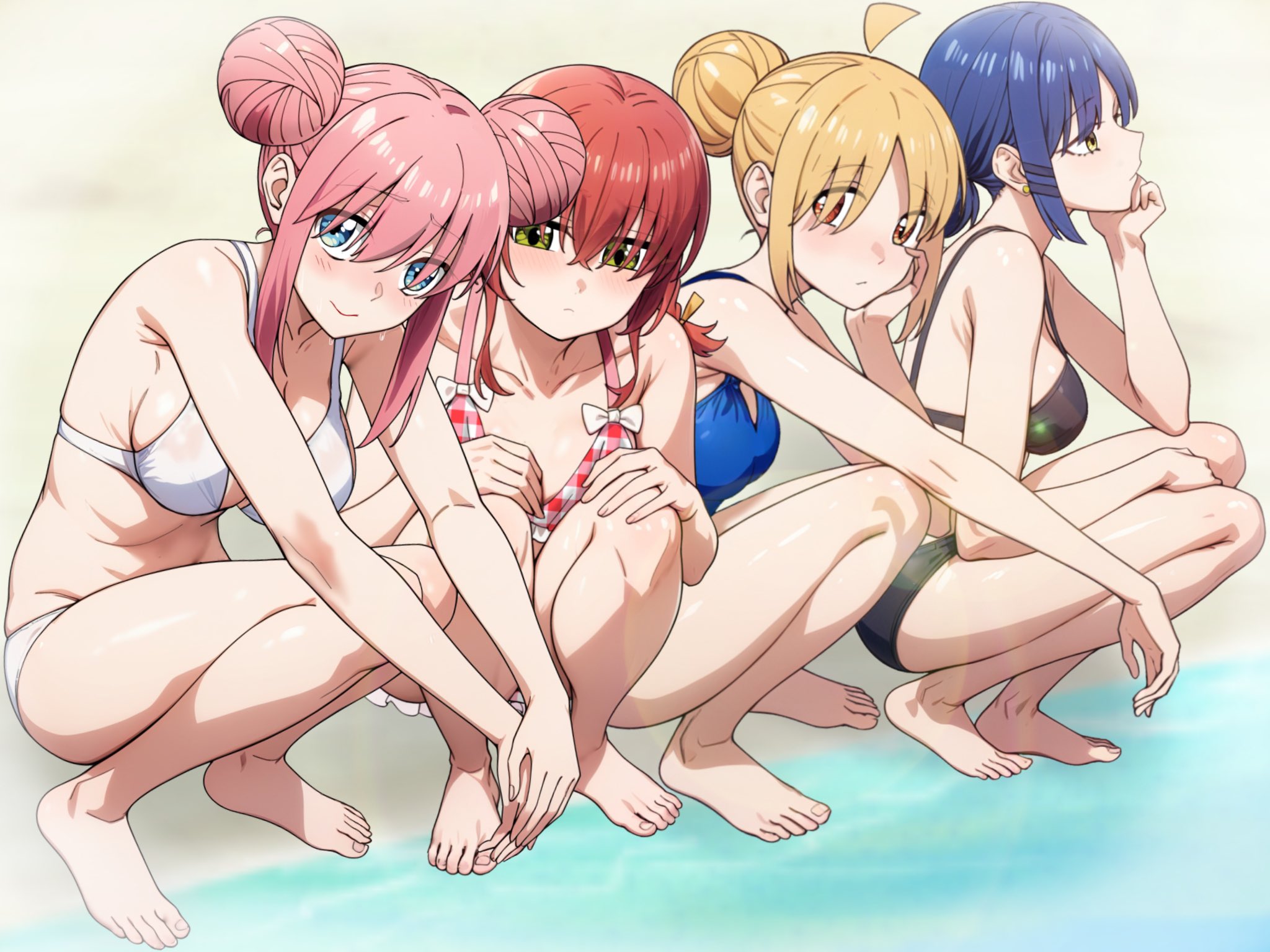 4girls, ahoge, bare arms, bare legs, bare shoulders, barefoot, bikini, blonde hair, blue eyes, blue hair, blush, bocchi the rock!, breasts, cleavage, closed mouth, collarbone, detached ahoge, double bun, eyes visible through hair, feet, female, female only, flat chest, full body, gotou hitori, green eyes, hair between eyes, hair bun, highres, ijichi nijika, kessoku band, kita ikuyo, large breasts, legs, long hair, looking at viewer, low twintails, multiple females, multiple girls, navel, pink hair, ponytail, red eyes, red hair, ryuhirohumi, short hair, small breasts, squatting, stomach, swimsuit, toenails, toes, twintails, yamada ryou, yellow eyes