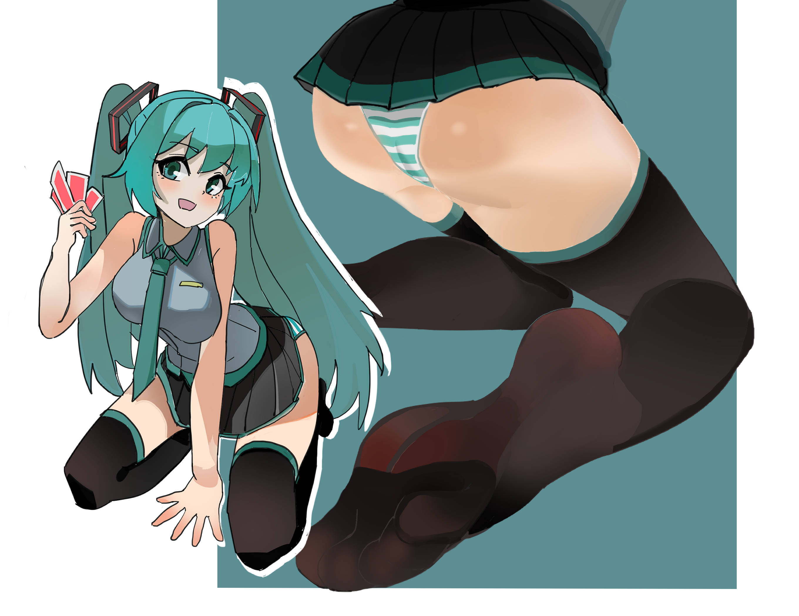 1girl, 1girls, 2025, aqua eyes, aqua hair, aqua necktie, aqua panties, ass, black skirt, blush, breasts, card, feet, female, grey shirt, hatsune miku, holding, holding card, kneeling, large breasts, long hair, looking at viewer, miniskirt, multiple views, necktie, no shoes, open mouth, panties, pleated skirt, shirt, simple background, skirt, sleeveless, sleeveless shirt, smile, soles, striped, striped panties, tagme, thighhighs, twintails, underwear, very long hair, vocaloid, wuming-aaa