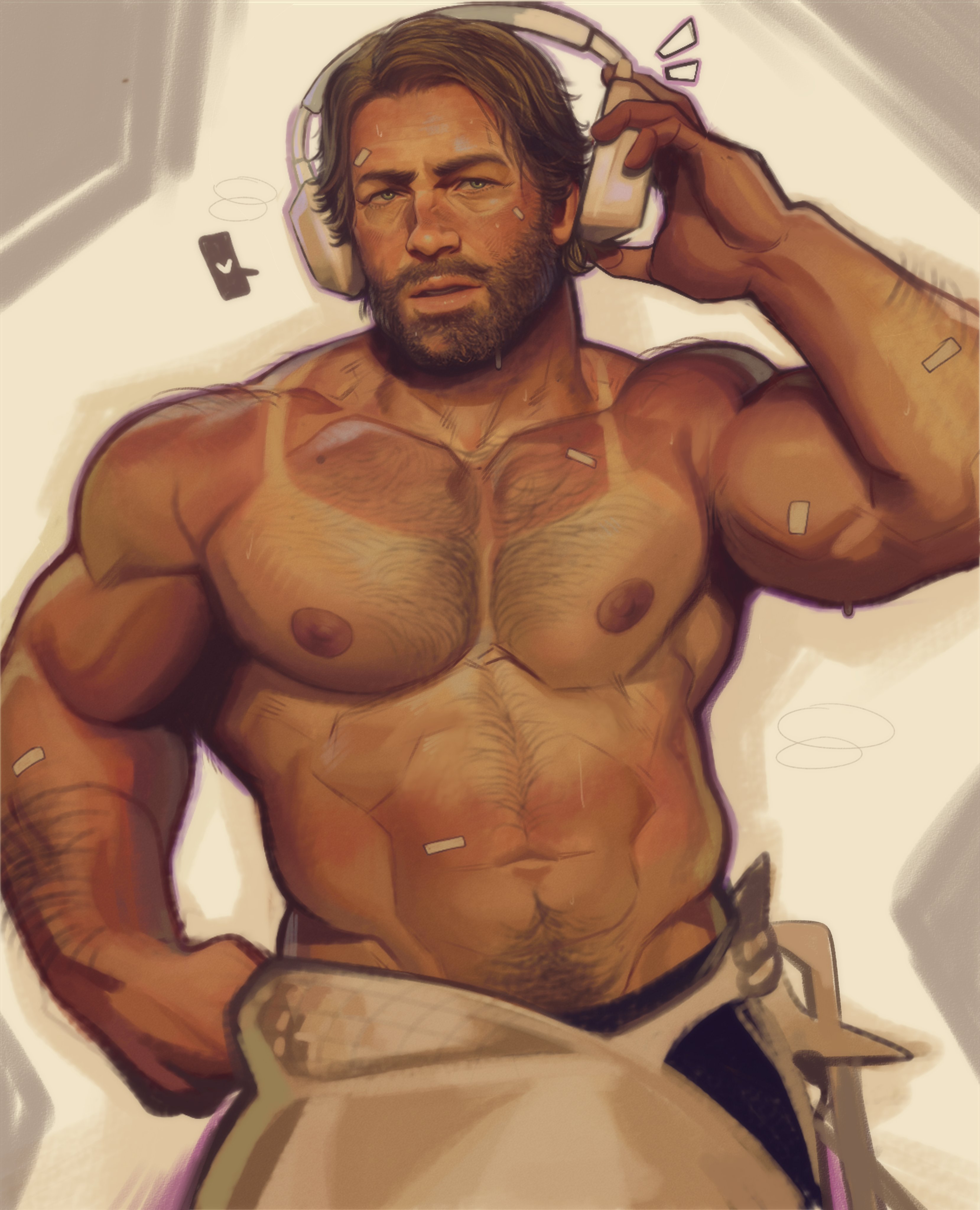 1boy, abs, arm hair, armpits, arthur morgan, beard, beard stubble, beefy, belly hair, blush, breasts, bush, chest hair, color, facial hair, hair, hairy, hairy chest, hairy male, headphones, heart, heart symbol, himbo, holo eden, male, male only, man boobs, moobs, moustache, muscles, muscular, muscular male, nipples, no sex, no visible genitalia, open mouth, pecs, pubic hair, red dead redemption (series), red dead redemption 2, sfw, solo male, suggestive, sweat, sweating, tan markings, tanlines, white headphones