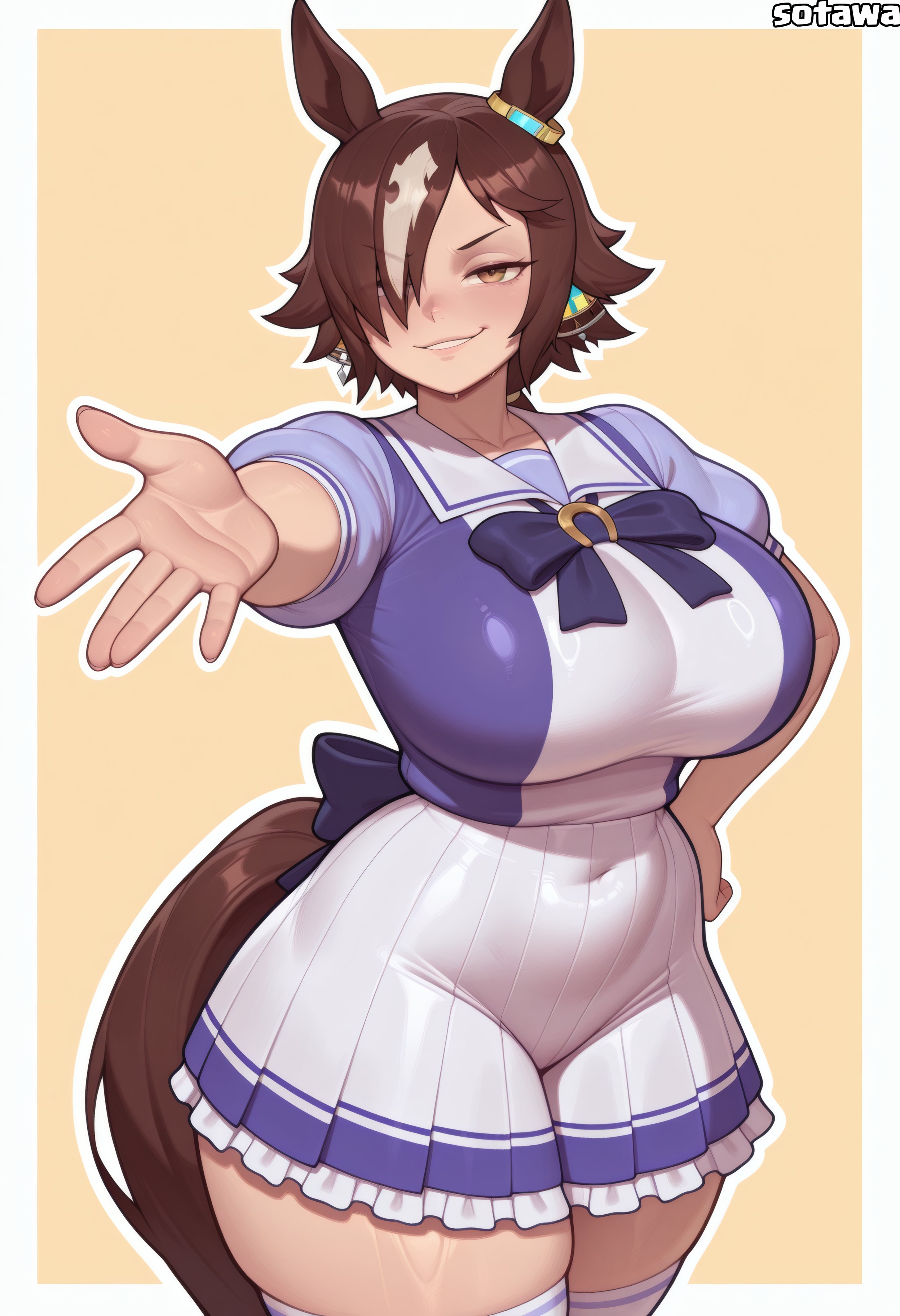 ai generated, breasts, brown eyes, brown hair, clothed, female, horse ears, horse girl, horsegirl, huge breasts, skirt, sotawa, tail, thick thighs, umamusume, umamusume pretty derby, vodka (umamusume)