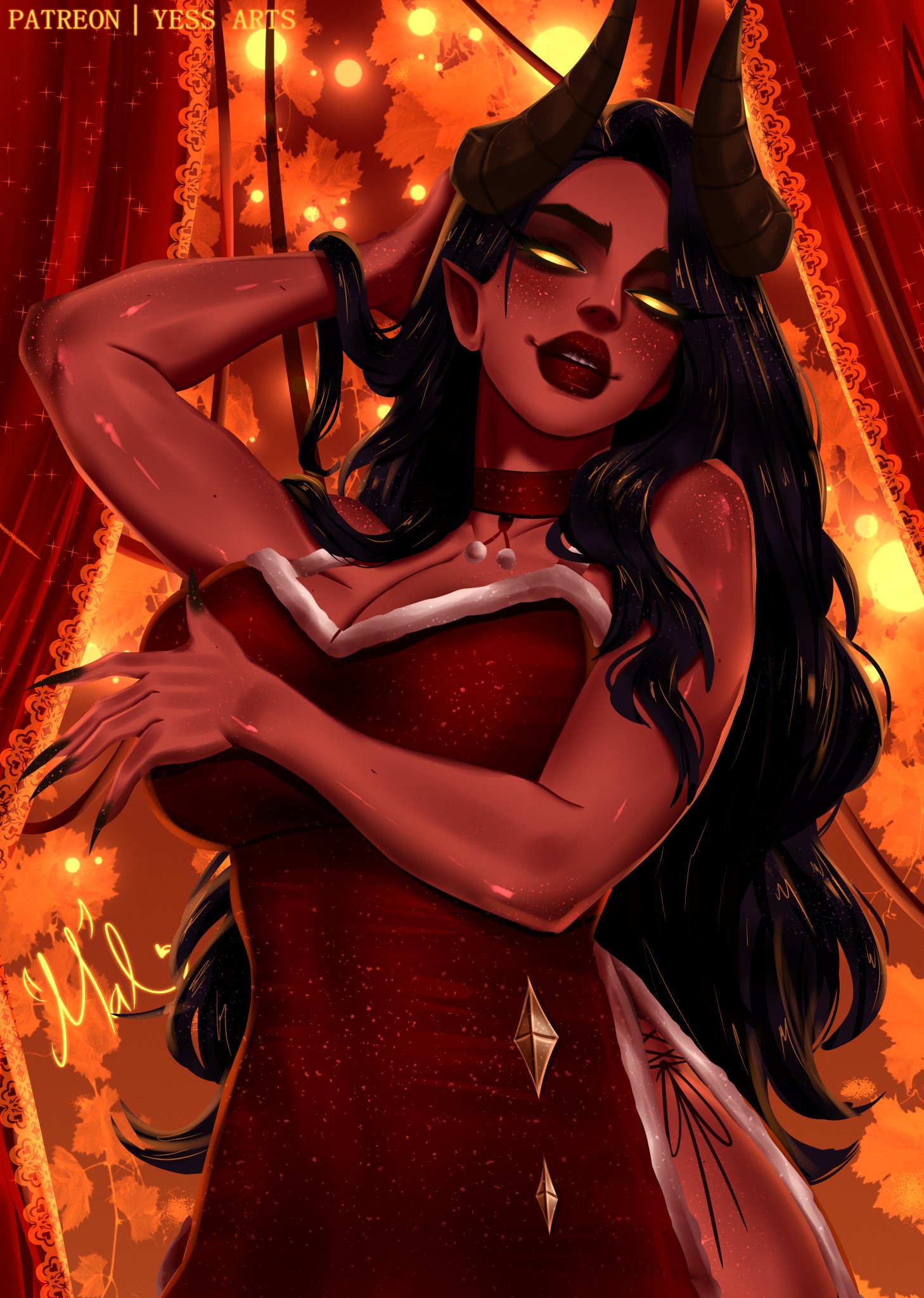 big ass, big breasts, big thighs, breasts, curvaceous, curvy, curvy figure, demon, demon girl, demoness, digital media (artwork), dispatch (game), female, half demon, half-demon, hips, horns, hourglass figure, huge thighs, large thighs, legs, malevola gibb, mature, mature female, q1girls, red body, red skin, red-skinned female, slim waist, thick, thick hips, thick legs, thick thighs, thighs, voluptuous, waist, wide hips, wide thighs, yellow eyes, yessarts