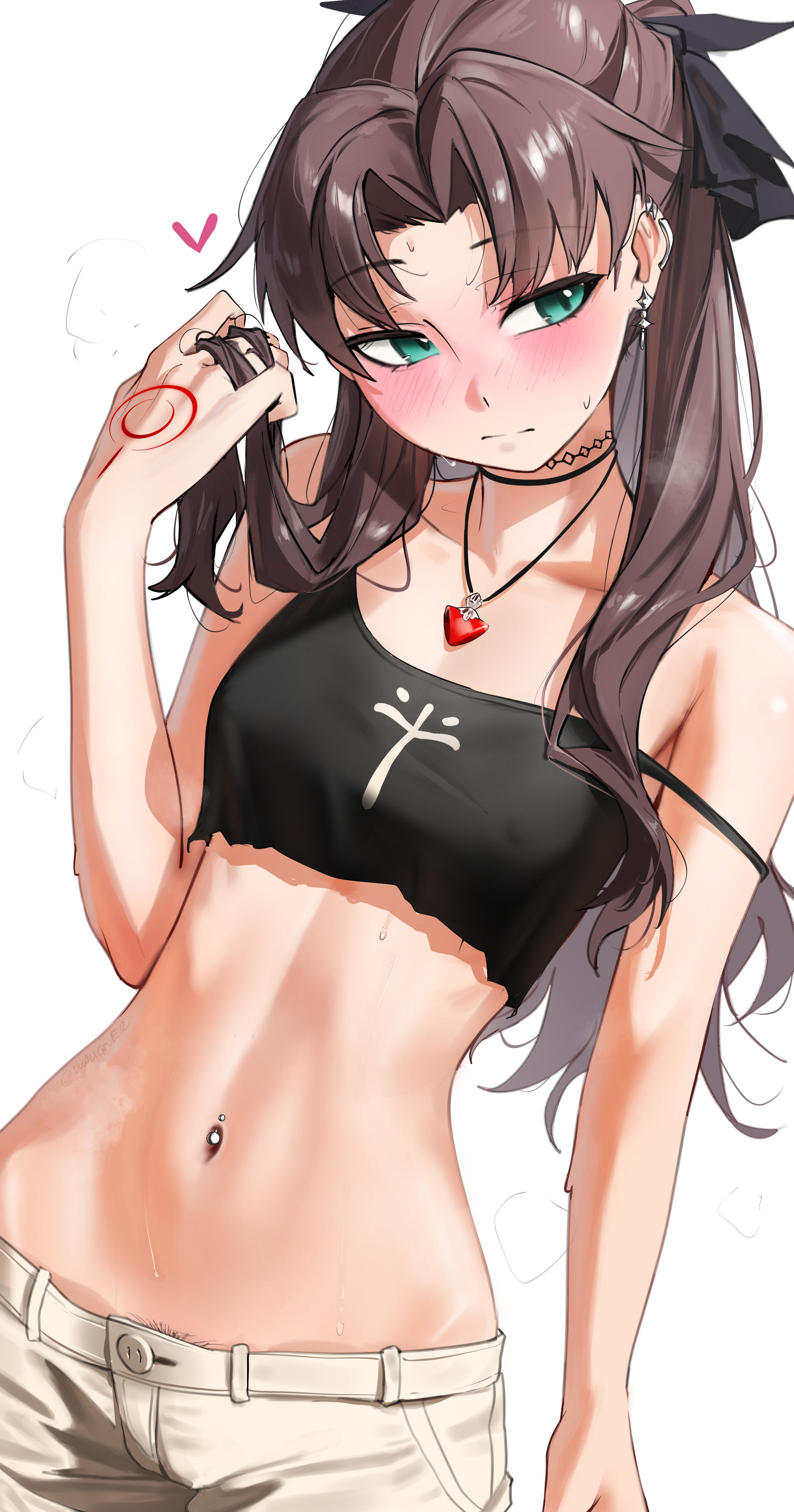 abdomen, belly, belly button, blonde female, breasts, brown hair, fate (series), fate/extra, fate/grand order, fate/stay night, fate/zero, female, female only, green eyes, navel, navel piercing, nipples visible through clothing, only, petite, petite body, piercing, pokies, pubic hair, pubic hair peek, ring piercing, small breasts, smaller female, tohsaka rin, waligner