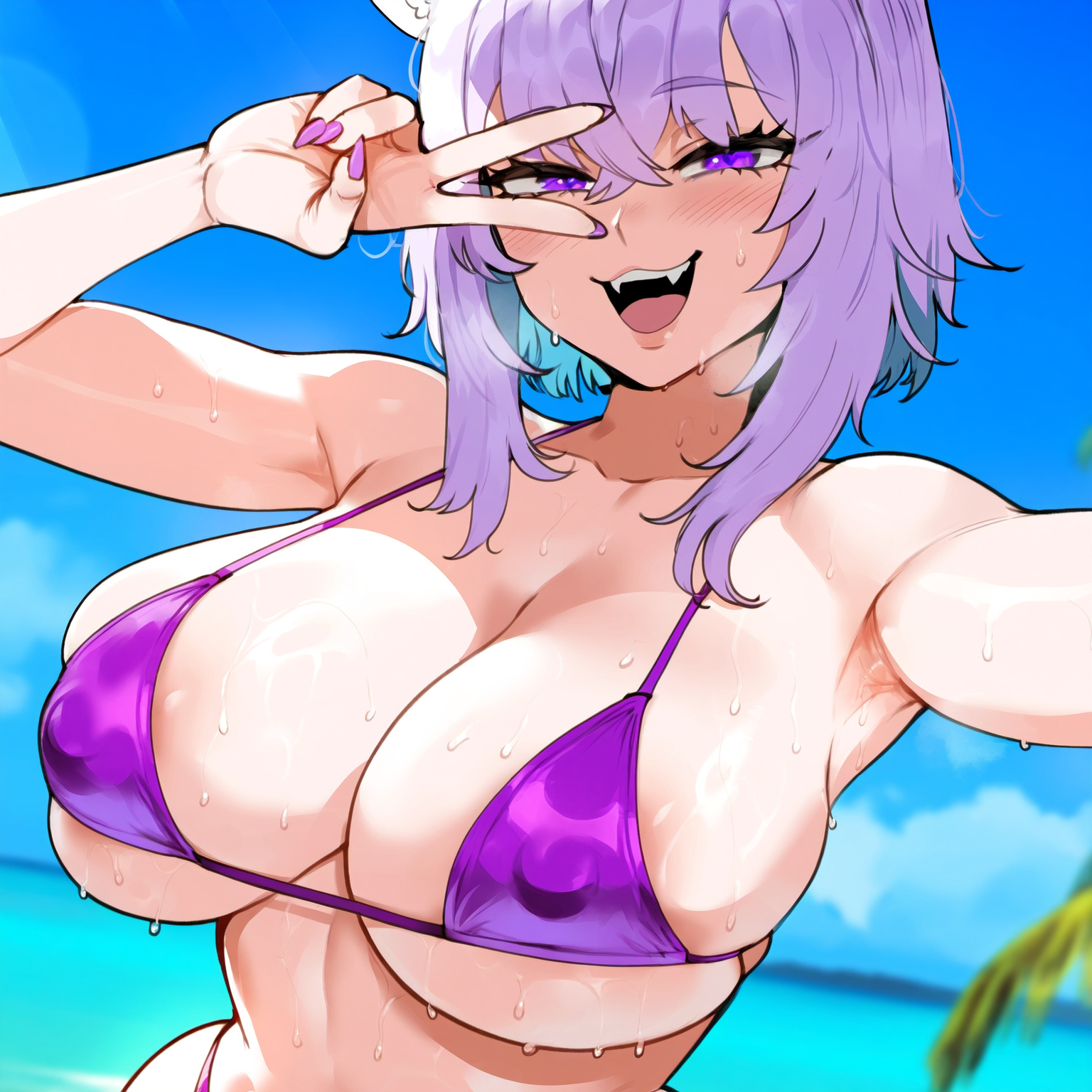 1girls, ai generated, big breasts, bikini, breasts, cat ears, cat girl, female, female focus, hololive, hololive gamers, hololive japan, huge breasts, juuicyai, large breasts, light-skinned female, looking at viewer, nekomata okayu, pubic hair, purple bikini, purple eyes, virtual youtuber