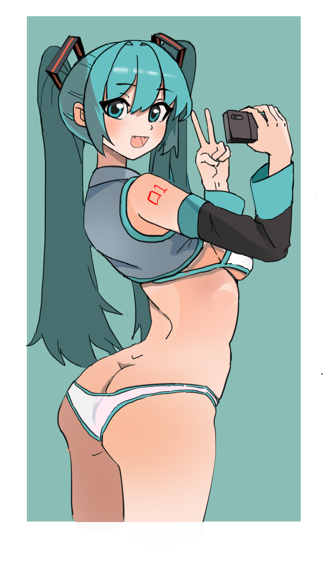 1girl, 1girls, 2025, aqua background, aqua eyes, aqua hair, arm tattoo, ass, bikini, breasts, butt crack, cellphone, cowboy shot, detached sleeves, fang, female, hatsune miku, holding, long hair, looking at viewer, medium breasts, no pants, open mouth, panties, selfie, simple background, smile, solo, standing, swimsuit, tagme, tattoo, twintails, underboob, underwear, v, v sign, vocaloid, white bikini, wuming-aaa
