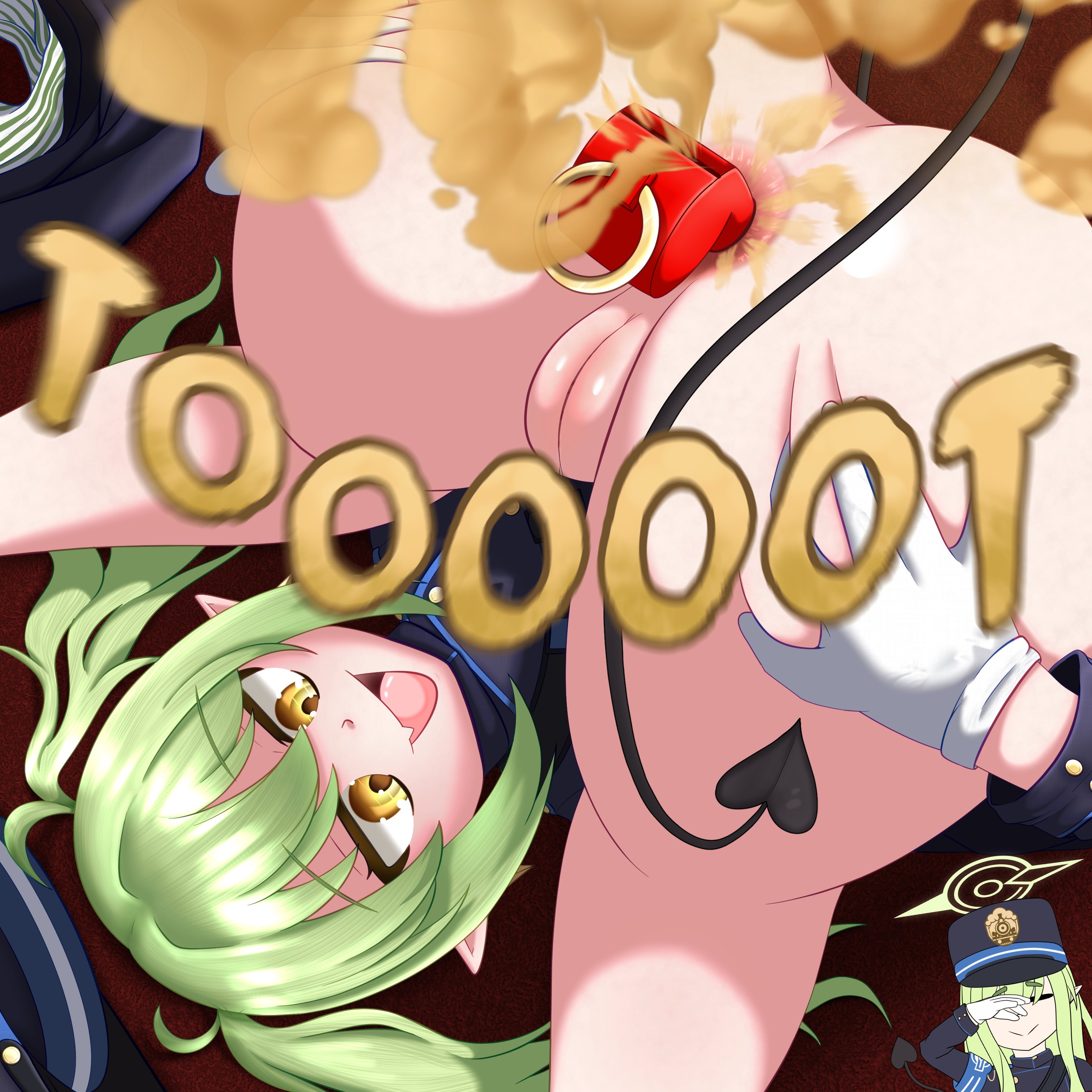 2girls, above view, anus, ass, ass up, asshole, blue archive, cute fang, fart, fart cloud, fart fetish, farting, female, gloves, green eyes, green h, hikari (blue archive), nozomi (blue archive), object in ass, open mouth, pussy, smile, socks (artist), tail, twintails, vagina, viewed from above, whistle (object), white gloves, yellow eyes