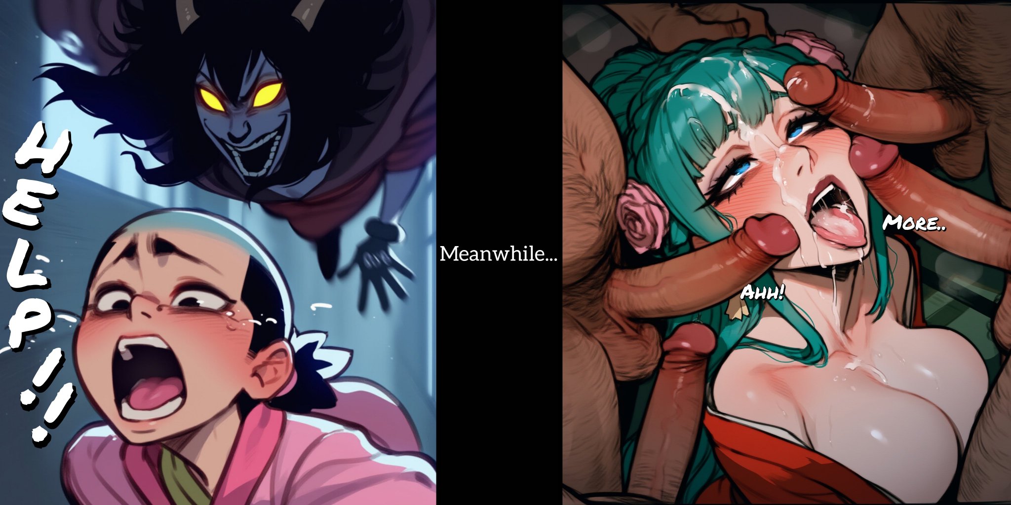 1girls, 2koma, ai generated, breasts, bukkake, caesar clown, comic, cum, cum in mouth, cum on face, english text, fat male, female, gangbang, kimono, kozuki hiyori, kozuki momonosuke, large breasts, male, meanwhile, meme, multiple boys, multiple males, one piece, penis, penis on face, text, ugly bastard, ugly man, yumerush