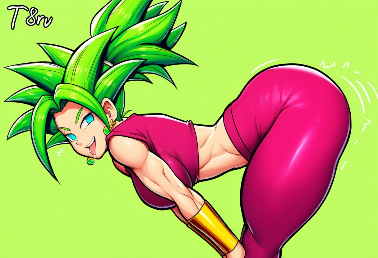 ai generated, arched back, bending over, blue eyes, breasts, clothed, clothing, dragon ball, dragon ball super, dragon ball z, female, green eyes, kefla, large ass, large breasts, legendary super saiyan, smile, smiling, smiling at viewer, sportswear, super saiyan, super saiyan 2, t8r, thick thighs, thighs