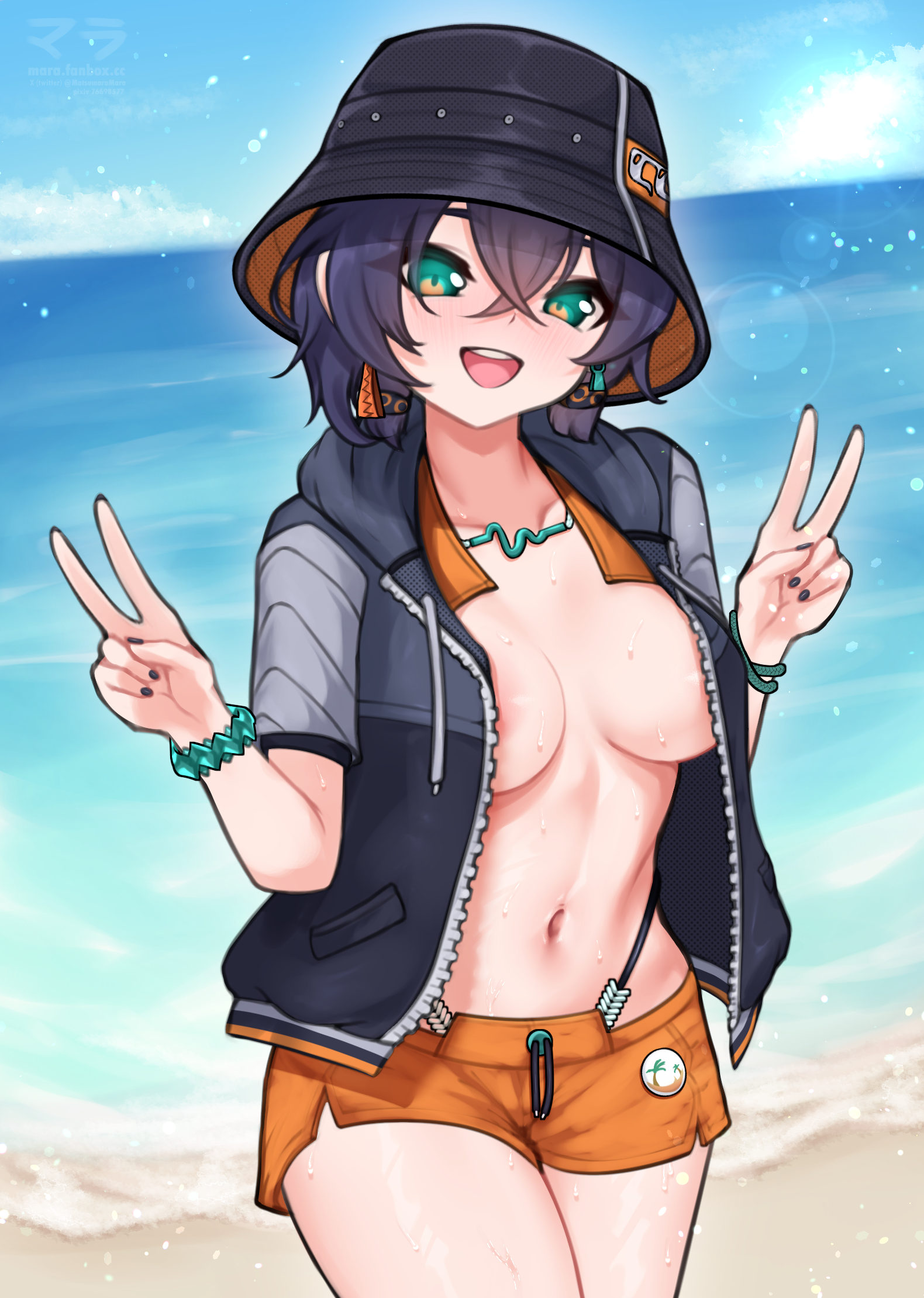 1girls, alternate version available, areola slip, areolae, beach, belle (summer skies) (zenless zone zero), belle (zenless zone zero), big breasts, black nail polish, black nails, breasts, bucket hat, cleavage, cosplay, dark blue hair, double peace sign, ear piercing, earrings, female, female only, green eyes, hair, hat, headwear, jacket, matsumaramara, nail polish, nails, official alternate costume, open jacket, orange shorts, peace sign, short hair, shorts, solo, solo female, wet, wet body, whale tail, wise (peaceful waves) (zenless zone zero), wise (zenless zone zero) (cosplay), zenless zone zero