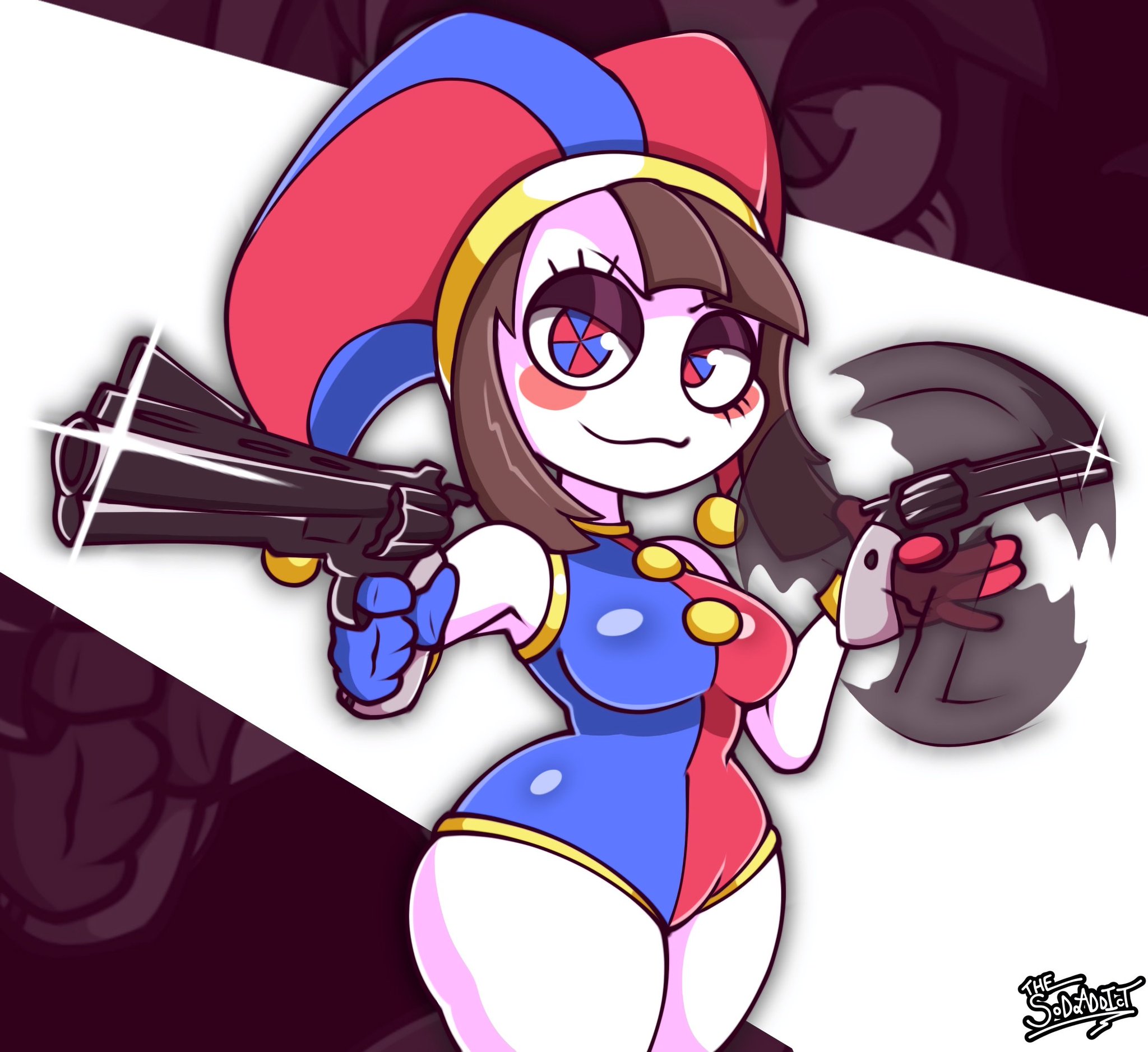 clothing, female, female only, firearm, glitch productions, gun, handgun, human, pale skin, pomni (the amazing digital circus), revolver, sexy, sexy pose, tagme, the amazing digital circus, thesoderaddict, weapon