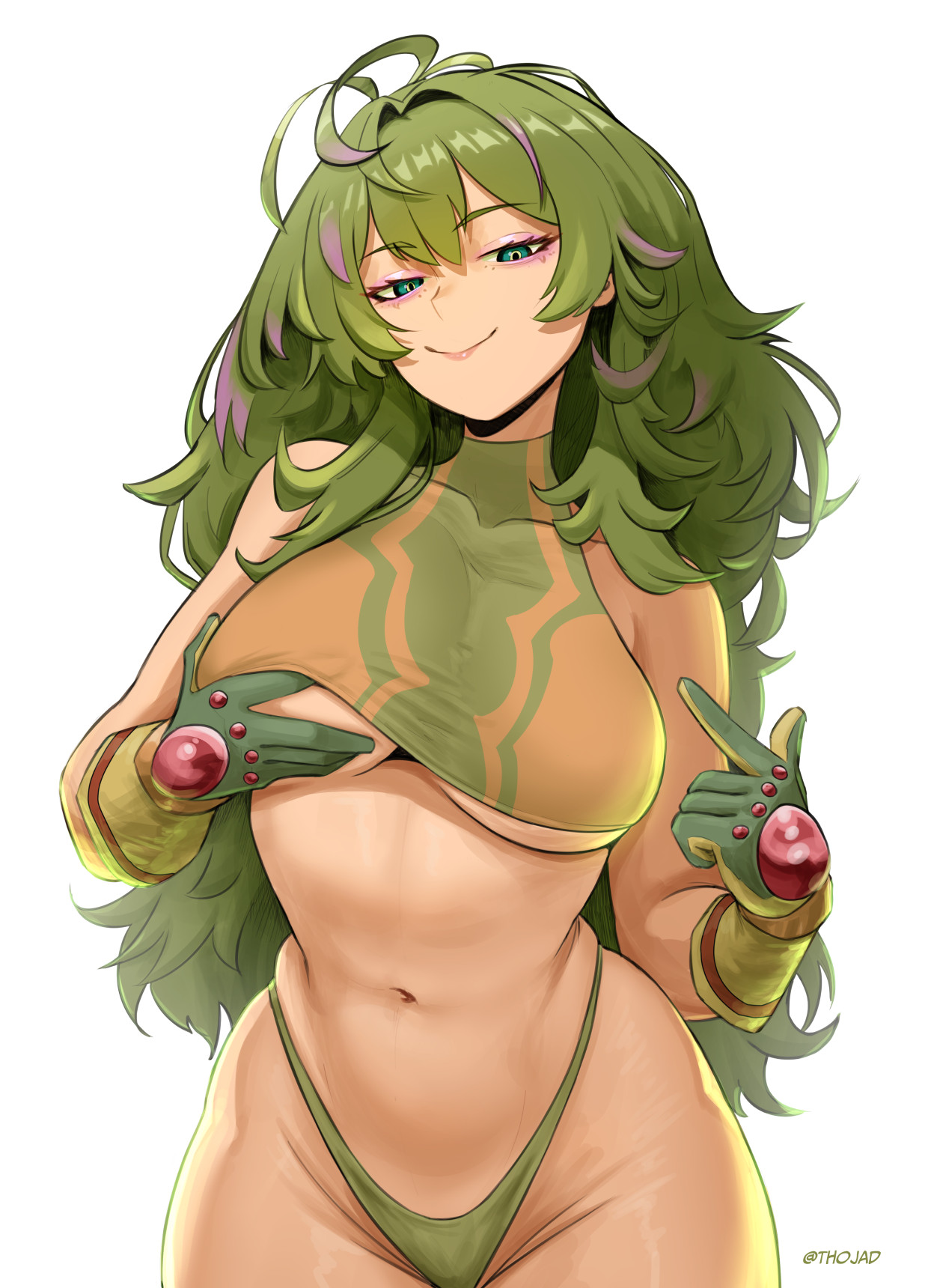 1girls, breasts, commentary, curvy, deku's photo of hagakure toru, english commentary, female, female only, gloves, grabbing own breast, green gloves, green hair, green-haired female, highleg, highleg panties, highres, large breasts, my hero academia, navel, panties, pointing, pointing at self, shirt, simple background, smile, solo, standing, stomach, thojad, thong, tooru hagakure, tooru hagakure (post-timeskip), tooru hagakure (visible), underwear, variant set, watermark, white background, white shirt, wide hips