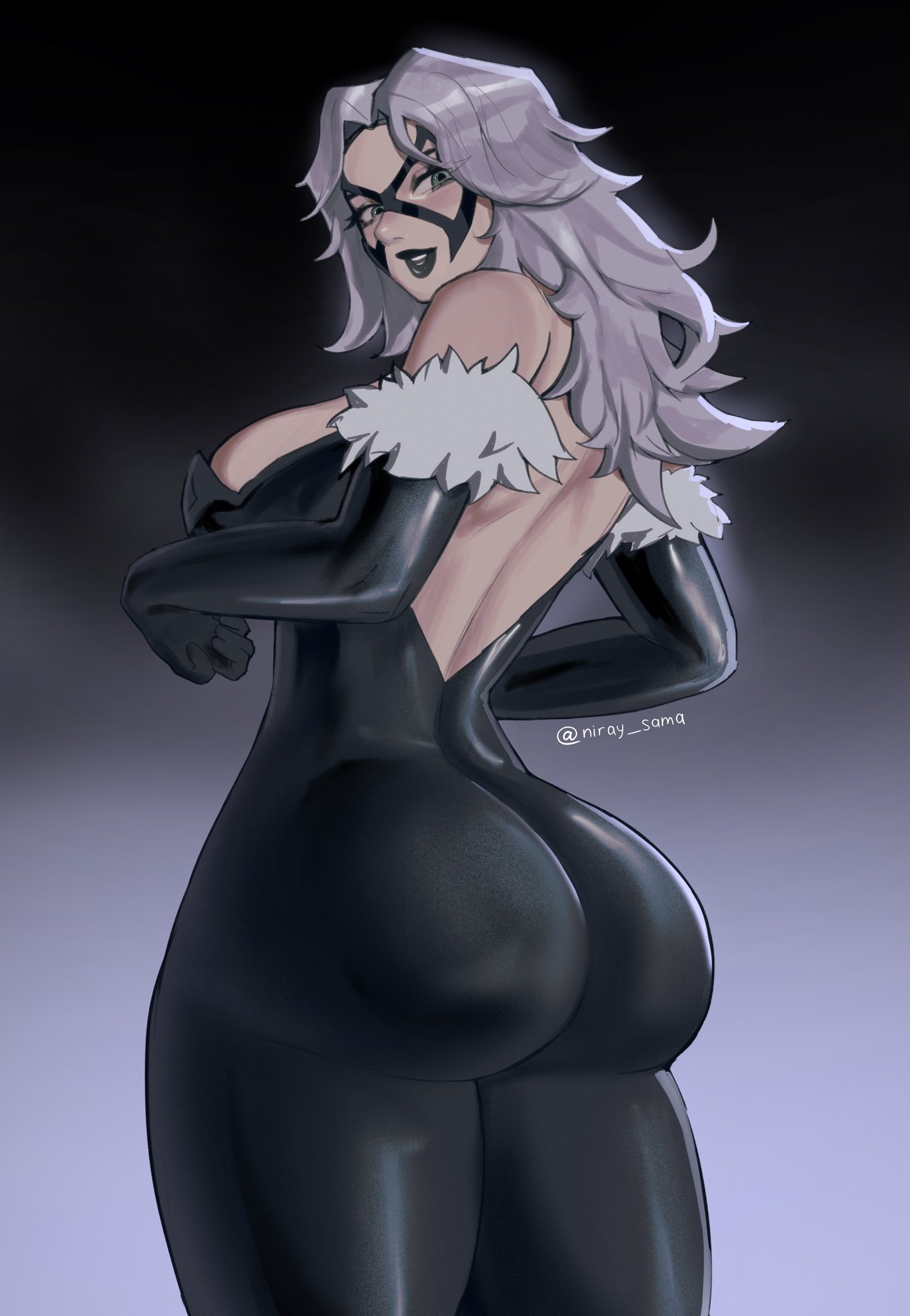 1girls, 2026, alluring, ass, ass cleavage, back view, big ass, big breasts, big butt, black cat (marvel), black lipstick, bodysuit, breasts, butt, cleavage, curvaceous, curvaceous body, curvaceous female, curvaceous figure, curvaceous hips, curvy, curvy body, curvy female, curvy figure, curvy hips, domino mask, enticing, eyemask, felicia hardy, female, hips, hourglass figure, huge ass, huge butt, large ass, large butt, light-skin, light-skinned female, looking at viewer, marvel, marvel comics, mask, masked, masked female, massive ass, massive butt, niray sama, seducing, seductive, seductive look, shiny, shiny breasts, shiny butt, shiny clothes, skin tight, spider-man (series), teasing, teasing viewer, temptation, tempting, tempting viewer, thick, thick ass, thick breasts, thick butt, thick hips, thick thighs, tight clothes, tight clothing, voluptuous, voluptuous female, white fur, white hair, wide hips