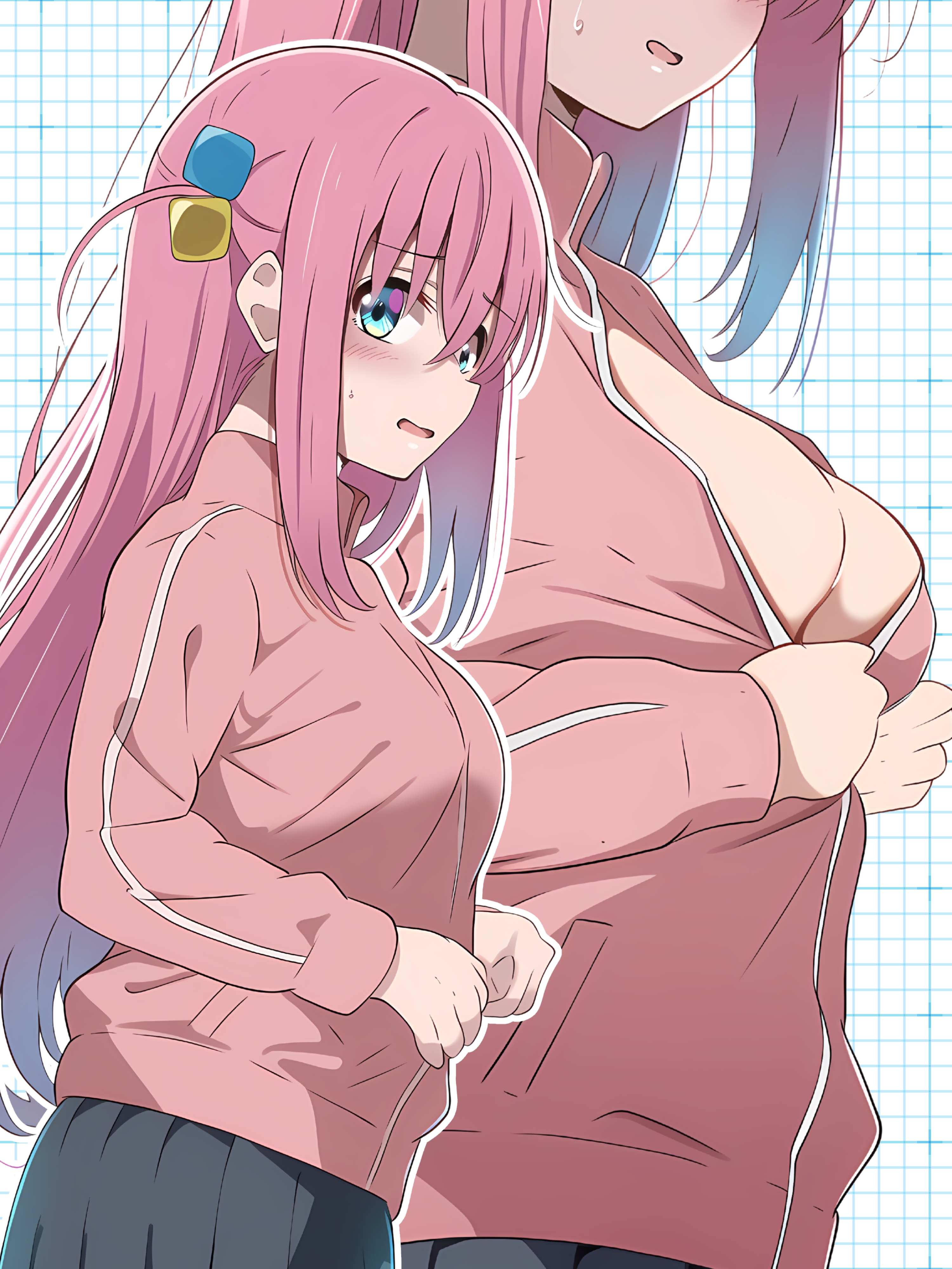 absurdres, anime coloring, black skirt, blue eyes, blush, bocchi the rock!, borgbutler, breasts, commentary request, cube hair ornament, different zoom layer, female, female only, gotou hitori, hair between eyes, hair ornament, highres, jacket, large breasts, long hair, long sleeves, looking at viewer, looking to the side, multiple views, no bra, one side up, open mouth, partially unzipped, pink hair, pink jacket, pleated skirt, school uniform, sidelocks, simple background, skirt, sweatdrop, track jacket, very long hair