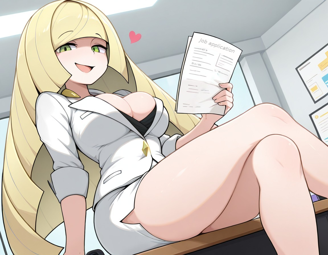 1girls, ai generated, blonde hair, cleavage, female, green eyes, heart, illustrious (stable diffusion), long hair, looking at viewer, lusamine (pokemon), mature woman, milf, nintendo, pencil skirt, pokemon, pov, pov eye contact, smug, solo, stable diffusion, thighs, very long hair