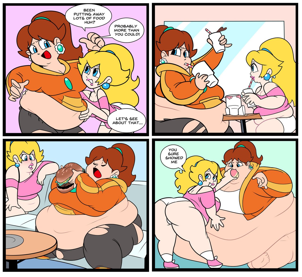 2girls, bbw, blonde hair, brown hair, burger, chubby, chubby female, earrings, fat, fat female, fat fetish, feederism, feeding, female, female only, mario (series), multiple females, multiple girls, obese, obese female, overweight, overweight female, princess, princess daisy, princess peach, soda, superspoe, weight gain, yuri